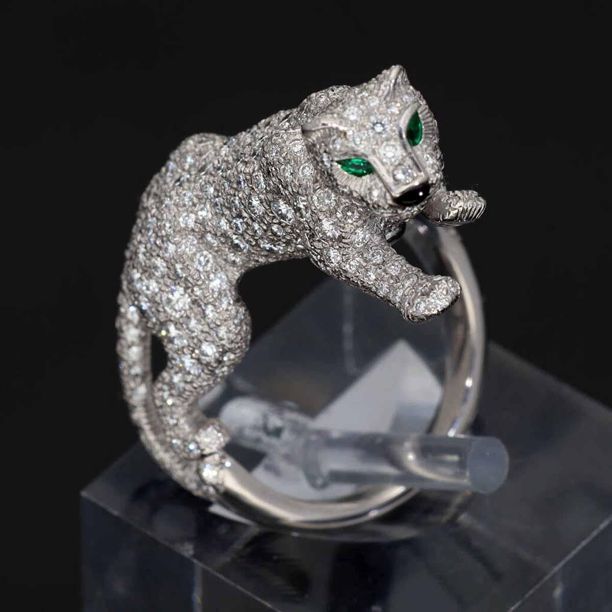 Cartier Panthere Sookie Diamonds Emeralds Onyx K18 White Gold Ring US 6 1/4 For Sale 9