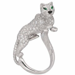 Cartier Panthere Sookie Ring 18 Karat White Gold Diamonds Emeralds and US 6 1/4