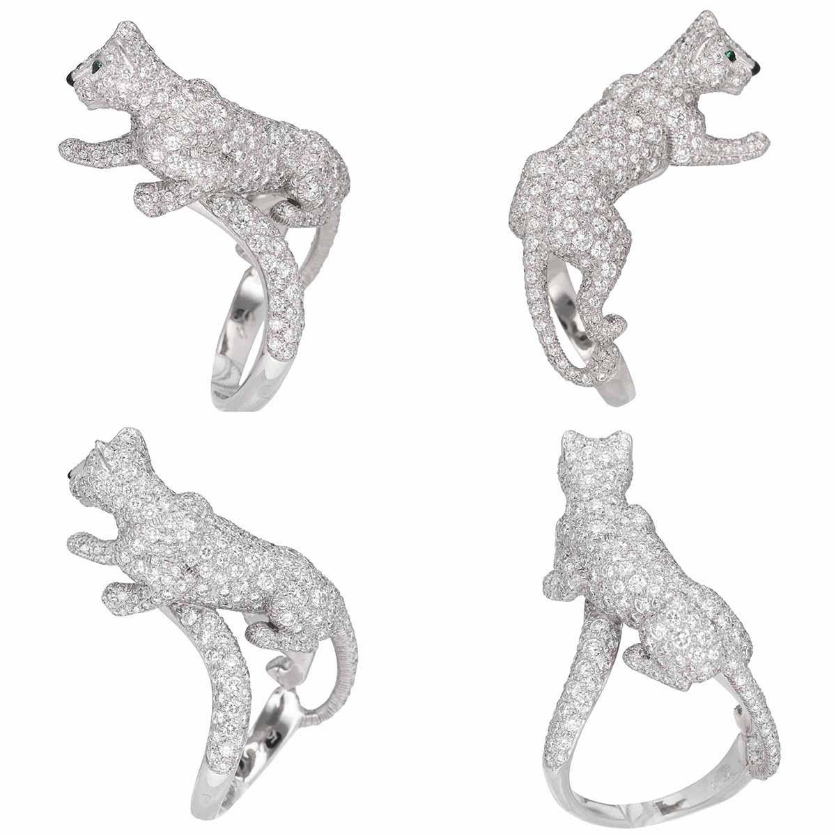 Cartier Panthere Sookie Diamonds Emeralds Onyx K18 White Gold Ring US 6 1/4 In Good Condition For Sale In Tokyo, JP