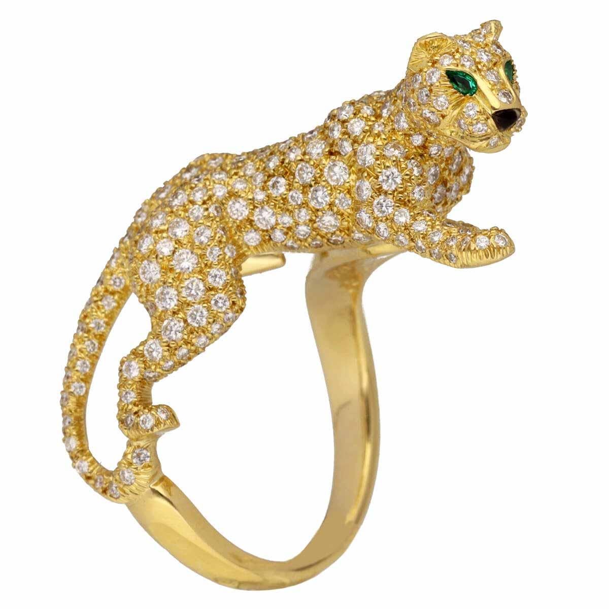 Brand: Cartier
Name:Panthere Sookie ring
Material:Diamonds, 2P Emerald, 1P Onyx, 750 K18 YG Yellow Gold
Weight:16.1g（Approx)
Ring size(inch):British & Australian:P  /  US & Canada:7 /  French & Russian:55 /  German:17 3/4 /  Japanese:  15 /Swiss: 16