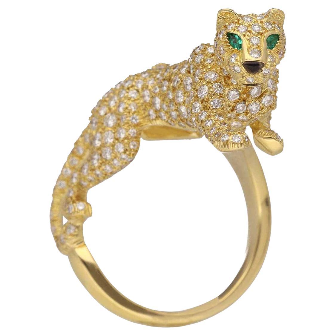 Cartier, bague panthère Sookie en or jaune 18 carats avec diamants et émeraudes en vente