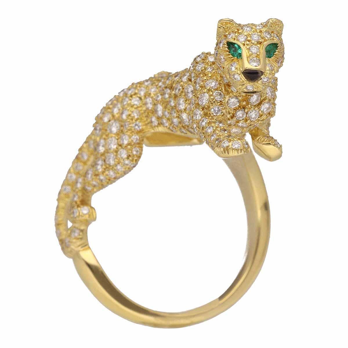 Brand:Cartier
Name:Panthere Sookie ring
Material:Diamonds, 2P Emerald, 1P Onyx,750 K18 YG Yellow Gold
Weight:16.1g（Approx)
Ring size.British & Australian:P  /  US & Canada:7  /  French & Russian:55 /  German:17 3/4 /  Japanese:  15 /Swiss: 16