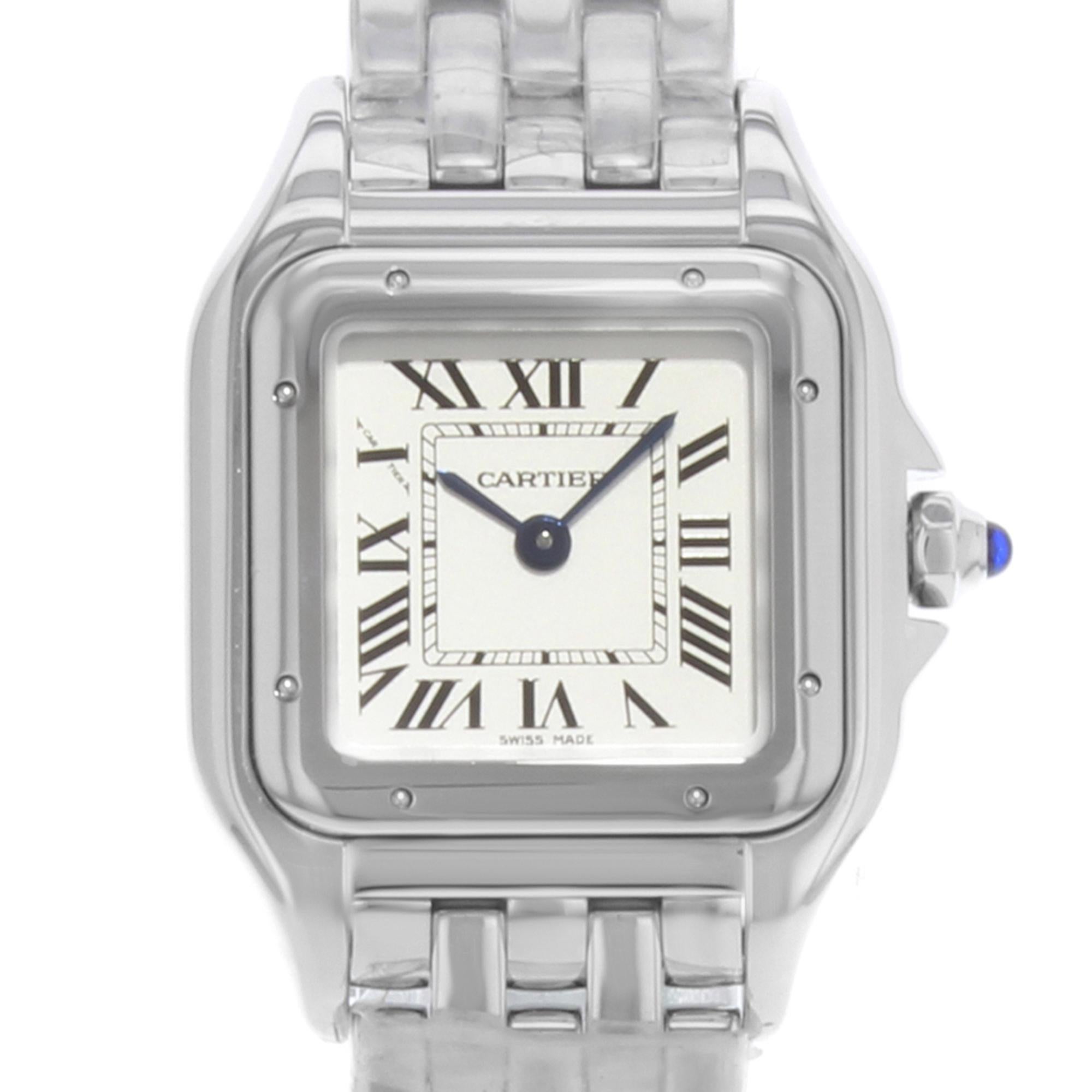 This  never been worn  Cartier Panthere WSPN0006 is a beautiful Ladie's timepiece that is powered by quartz (battery) movement which is cased in a stainless steel case. It has a round shape face, no features dial and has hand roman numerals style