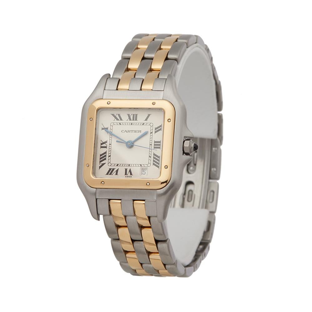 Ref: COM1785
Manufacturer: Cartier
Model: Panthere
Model Ref: 1100
Age: 
Gender: Ladies
Complete With: Box Only
Dial: White Roman 
Glass: Sapphire Crystal
Movement: Quartz
Water Resistance: To Manufacturers Specifications
Case: Stainless Steel & 18k