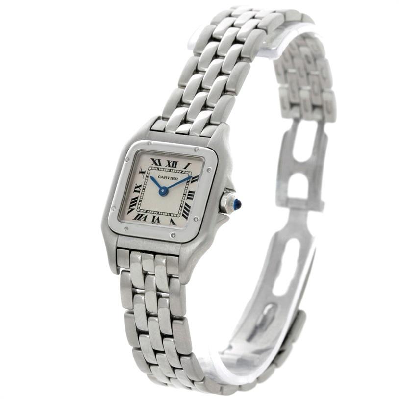 CARTIER PANTHERE STAINLESS STEEL LADIES WATCH 1320

-Condition: Mint with Cartier box, no papers
-Case size: 22x30mm
-Case Thickness: 5mm
-Material: Stainless steel
-Movement: Quartz
-Crystal: Sapphire
-Dial: Off White dial with Roman Numeral hour