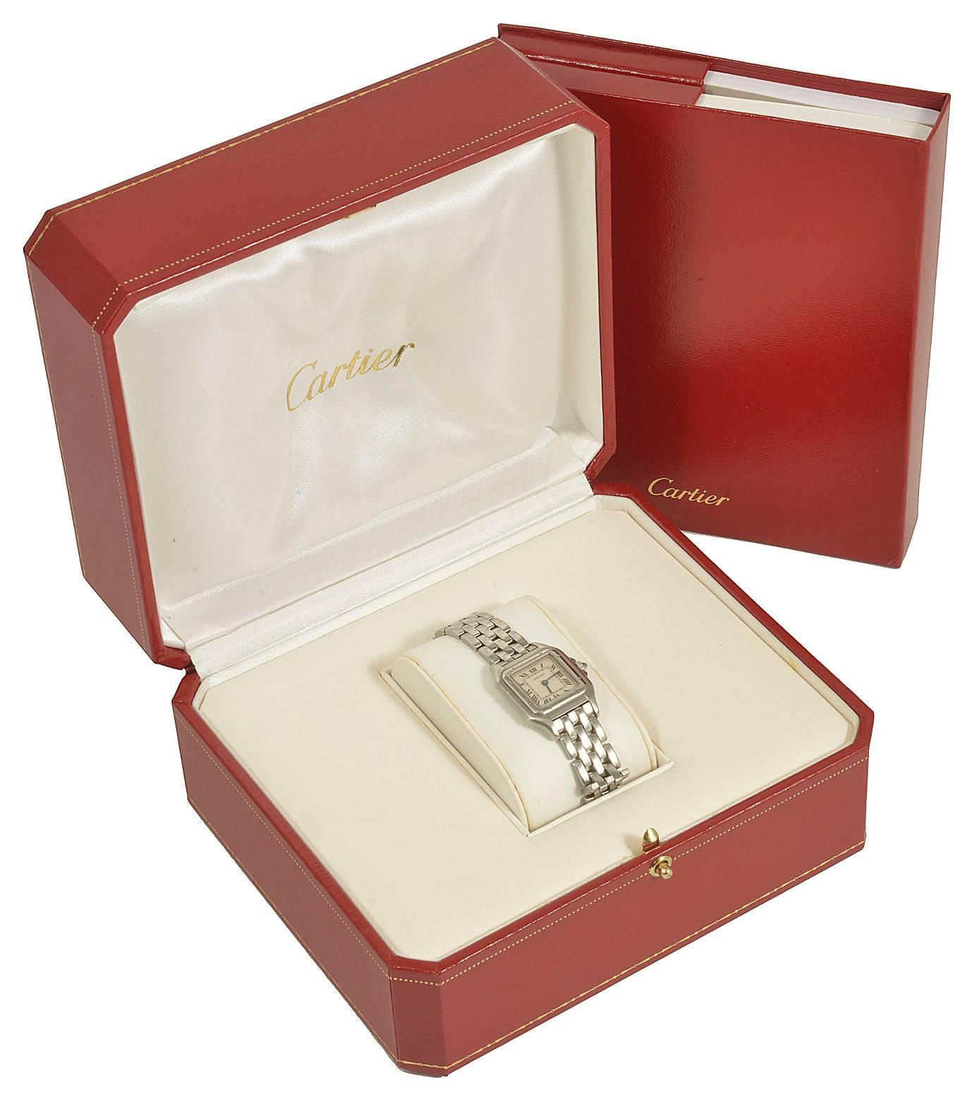 The square white dial with roman numerals, Cartier monogram in centre with bracelet and clasp, number on reverse 1320 601746UF, in fitted red Cartier box with instruction booklet and certificate booklet stamped I.C.O.S.
Tenerife Espana