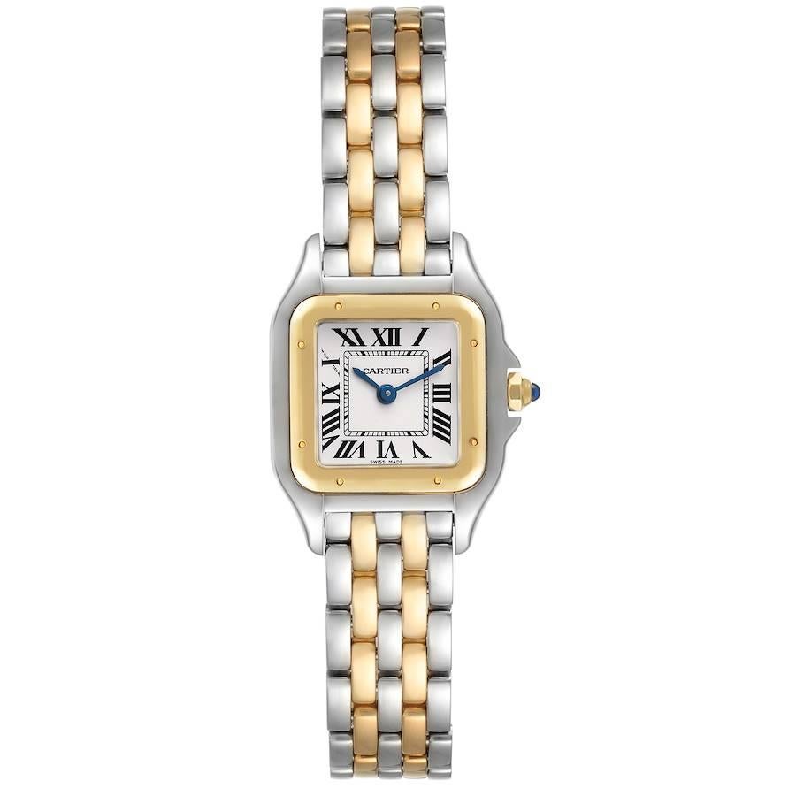 Cartier Panthere Steel Yellow Gold 2 Row Ladies Watch W2PN0006 Box Card. Quartz movement. Stainless steel case 22.0 x 22.0 mm. Octagonal crown set with the blue spinel cabochon. 18K yellow gold bezel, secured with 8 stainless steel pins. Scratch