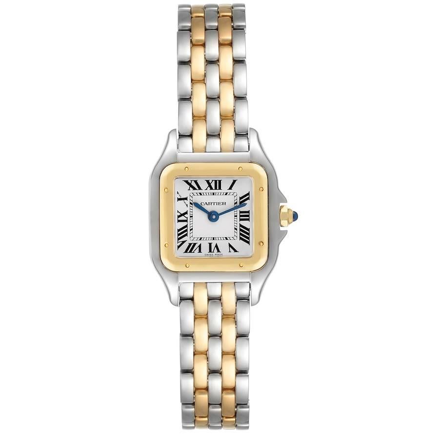 Cartier Panthere Stahl Gelbgold 2 Row Damenuhr W2PN0006 Box Card. Quarzwerk. Gehäuse aus rostfreiem Stahl 22,0 x 22,0 mm. Achteckige Krone mit einem blauen Spinell-Cabochon besetzt. Lünette aus 18 Karat Gelbgold, gesichert mit 8 Edelstahlstiften.