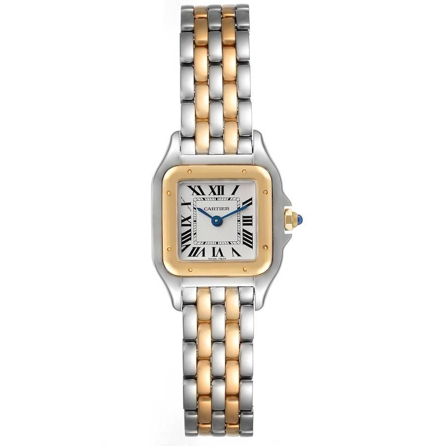 Cartier Panthere Steel Yellow Gold 2 Row Ladies Watch W2PN0006 Box Papers. Quartz movement. Stainless steel case 22.0 x 22.0 mm. Octagonal crown set with the blue spinel cabochon. 18K yellow gold bezel, secured with 8 stainless steel pins. Scratch