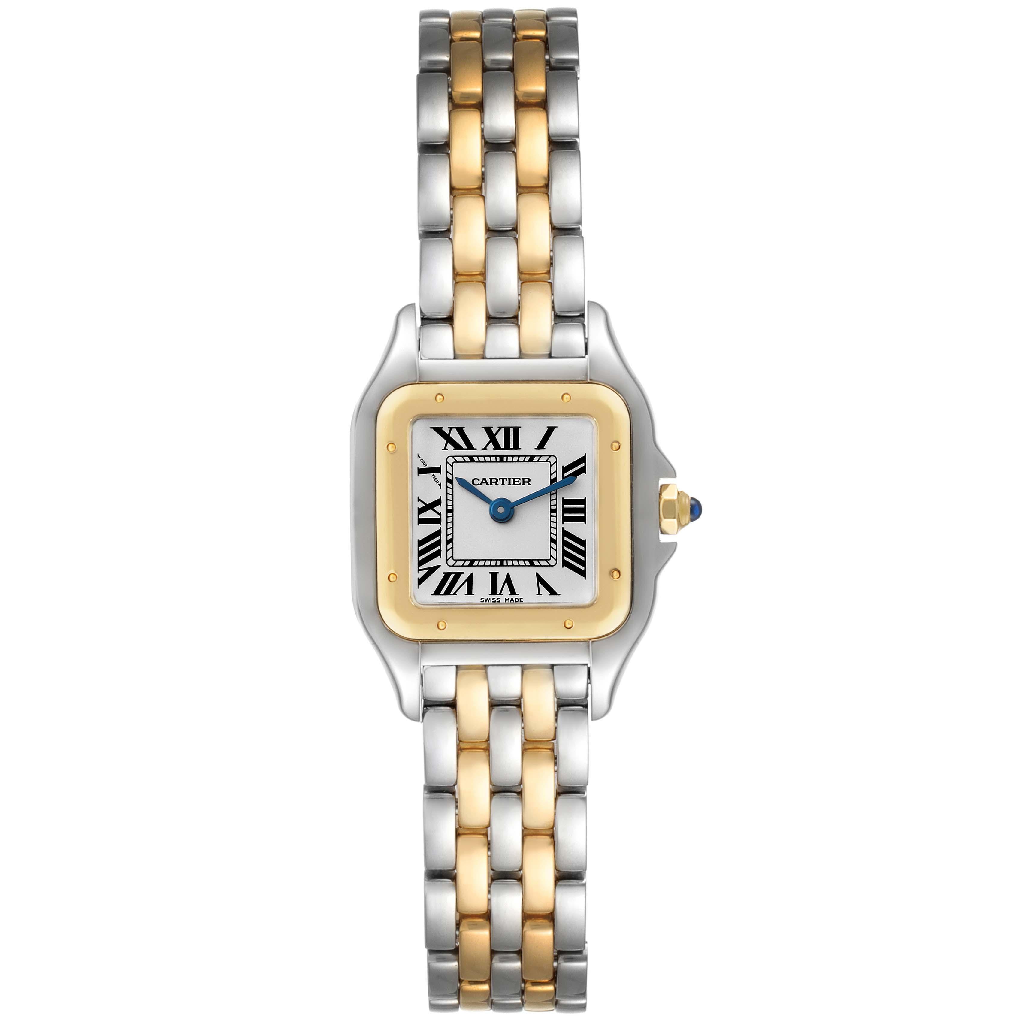 Cartier Panthere Steel Yellow Gold 2 Row Ladies Watch W2PN0006 Box Papers. Quartz movement. Stainless steel case 22.0 x 22.0 mm. 18k yellow gold octagonal crown set with blue spinel cabochon. 18K yellow gold bezel, secured with 8 stainless steel
