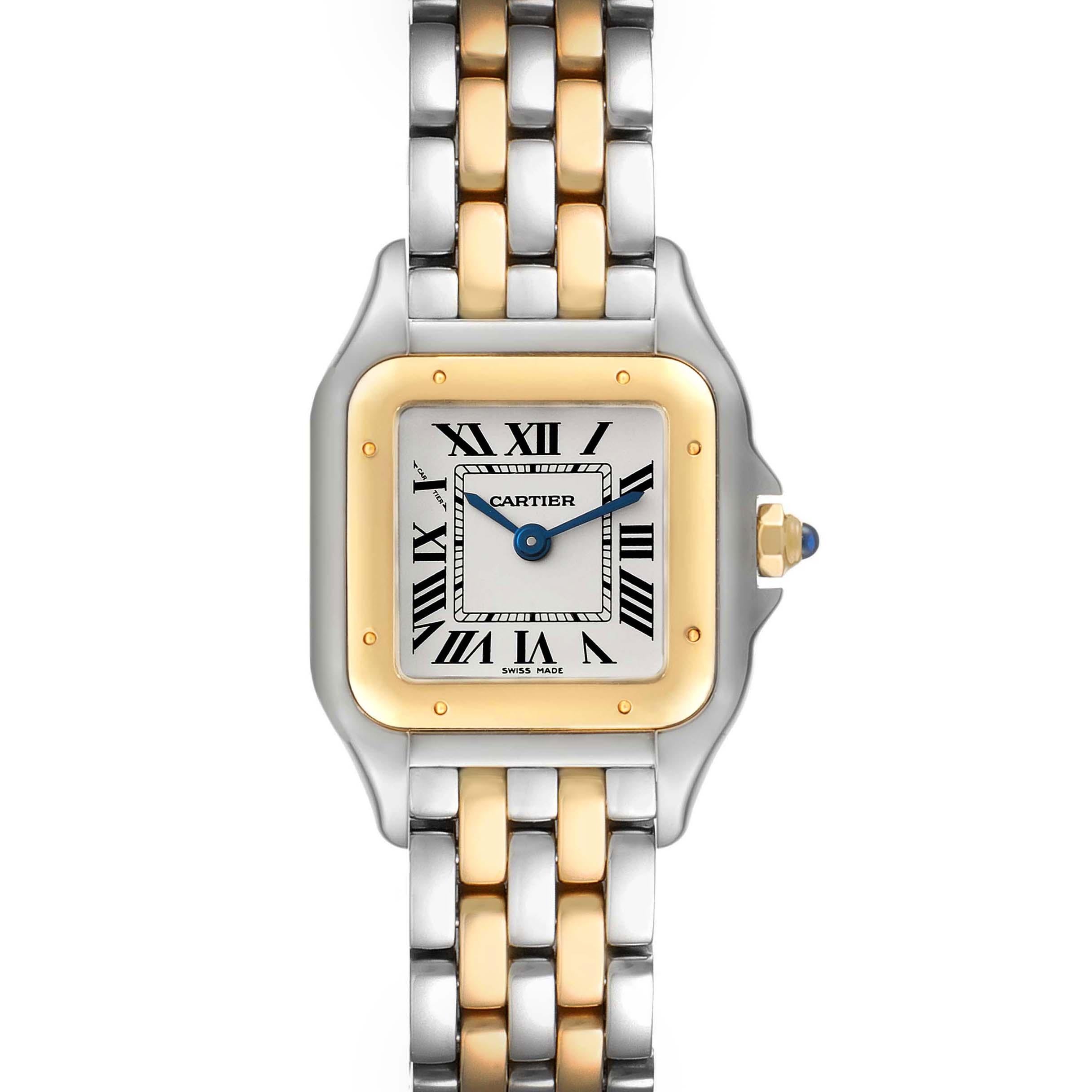 Cartier Panthere Steel Yellow Gold 2 Row Ladies Watch W2PN0006 Card. Quartz movement. Stainless steel case 22.0 x 22.0 mm. Octagonal crown set with the blue spinel cabochon. 18K yellow gold bezel, secured with 8 stainless steel pins. Scratch