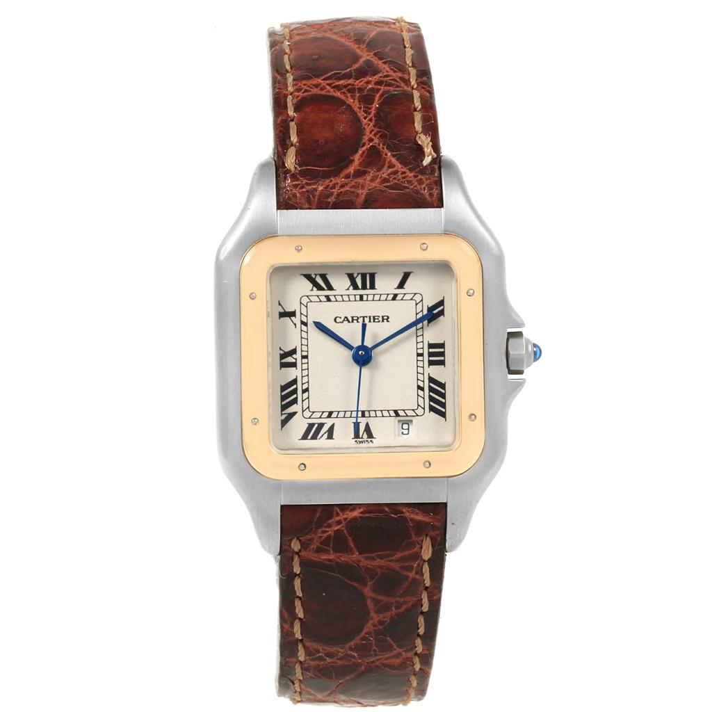 Cartier Panthere Steel Yellow Gold Brown Unisex Watch W25028B5 Box. Quartz movement. Stainless steel and 18k yellow gold case 26.0 x 36.0 mm. Octagonal crown set with the blue spinel cabochon. 18k yellow gold polished fixed bezel, secured with 8