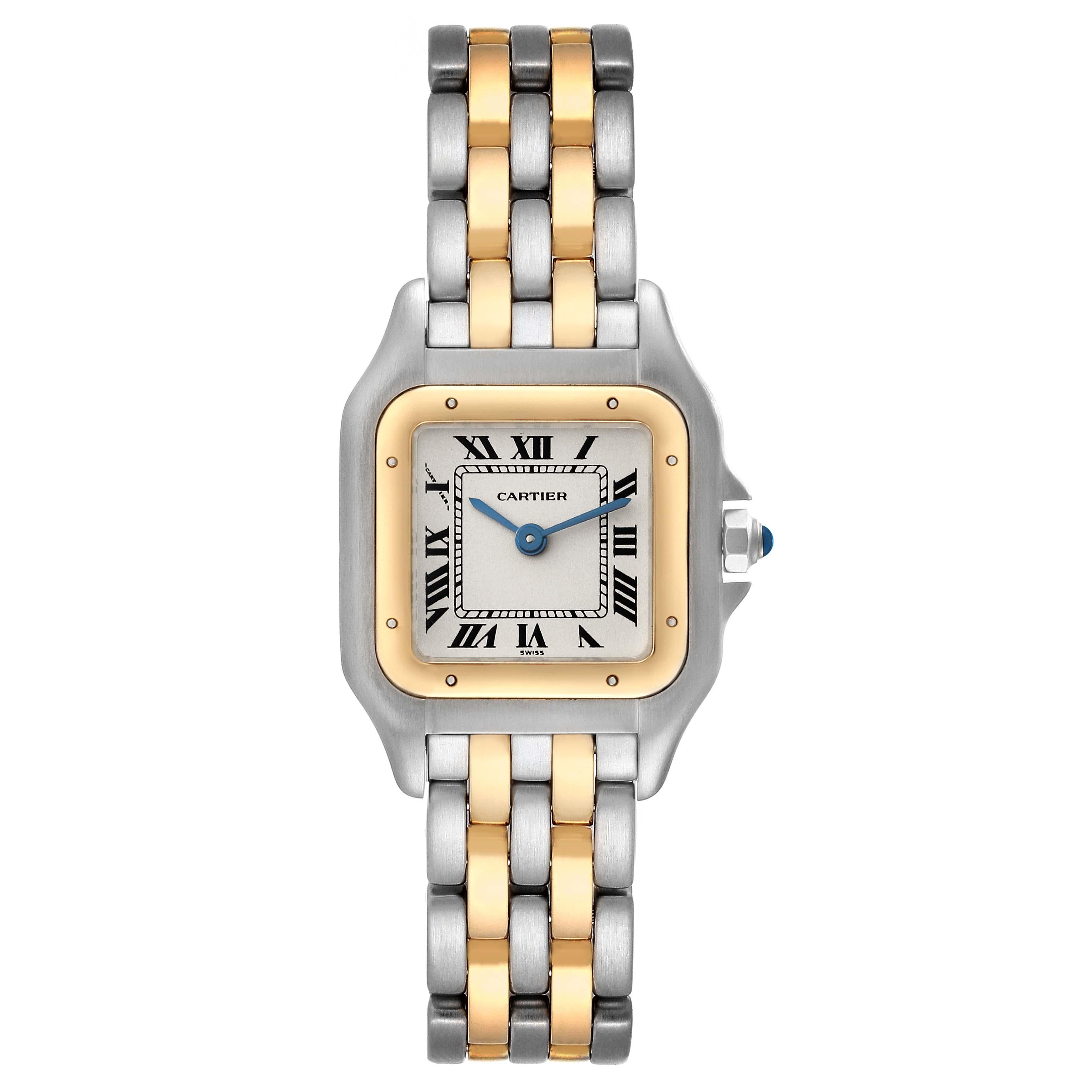 Cartier Panthere Steel Yellow Gold Two Row Ladies Watch W25029B6. Quartz movement. Stainless steel case 30 x 22 mm. Octagonal crown set with a blue spinel cabochon. 18K yellow gold bezel, secured with 8 pins. Scratch resistant sapphire crystal.
