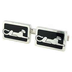 Used Cartier Panthere Sterling Silver Cufflinks, Lacquer, Hinge Closures, Box, Rare