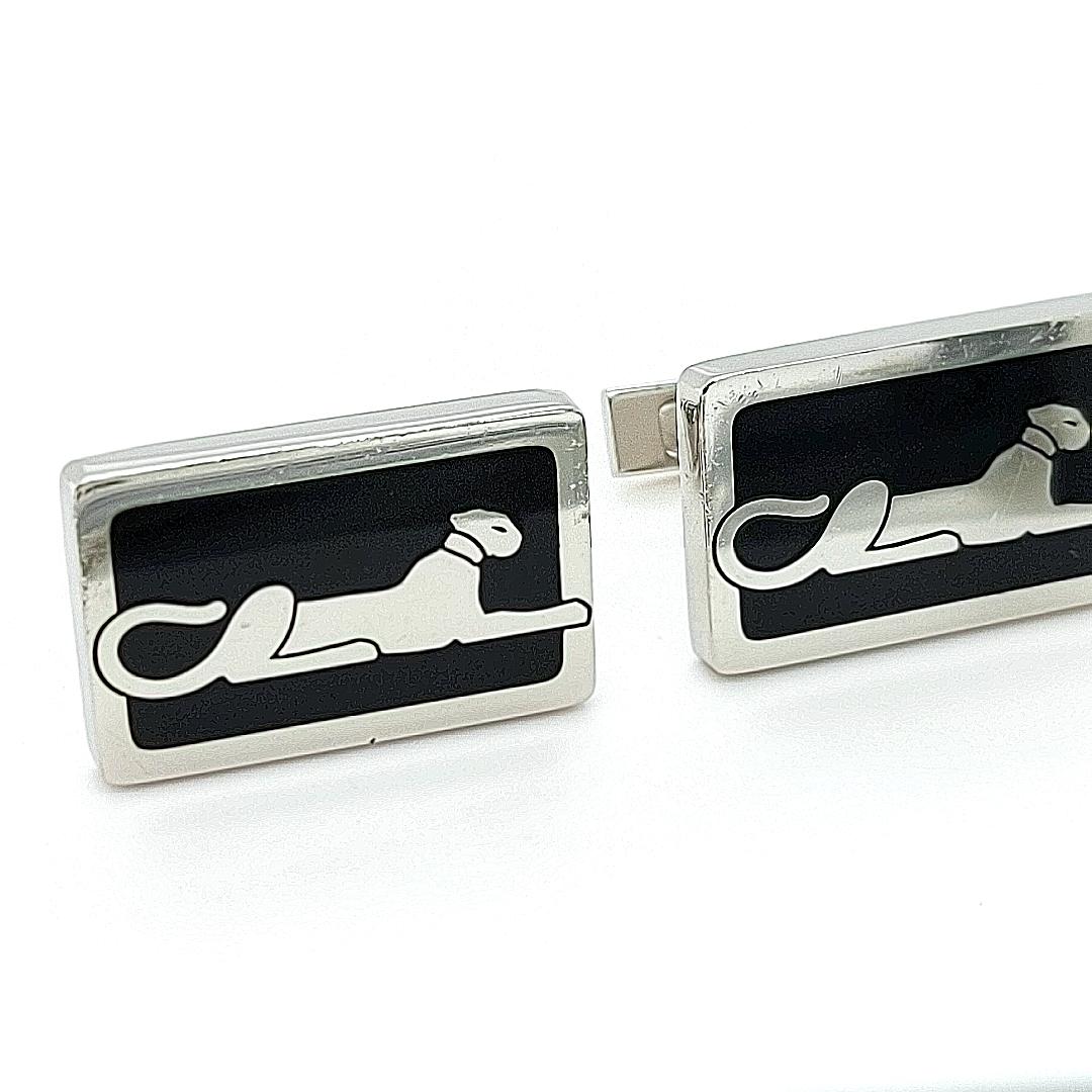 Women's or Men's Cartier Panthere Sterling Silver Cufflinks, Lacquer, Hinge Closures, Box, Rare