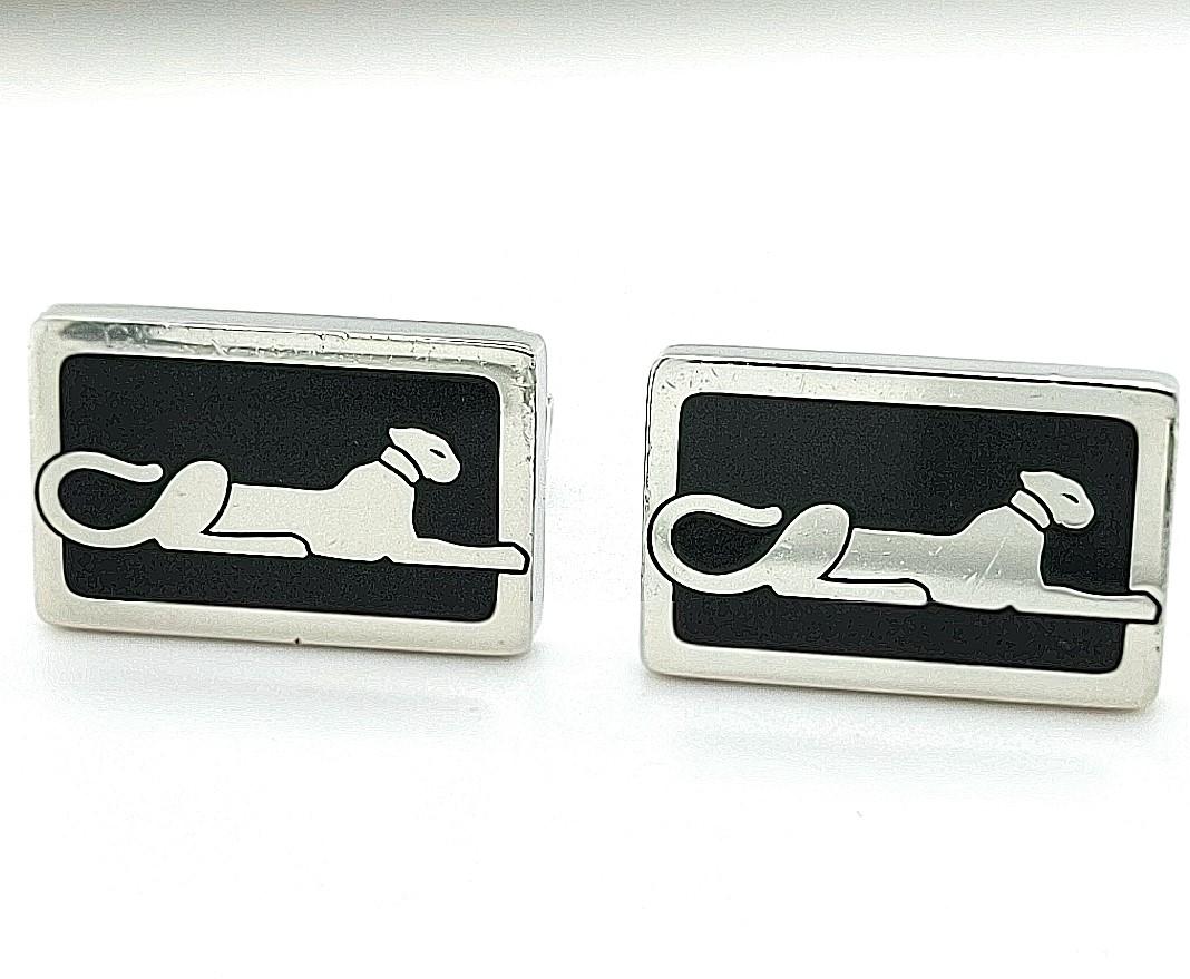 Cartier Panthere Sterling Silver Cufflinks, Lacquer, Hinge Closures, Box, Rare 1