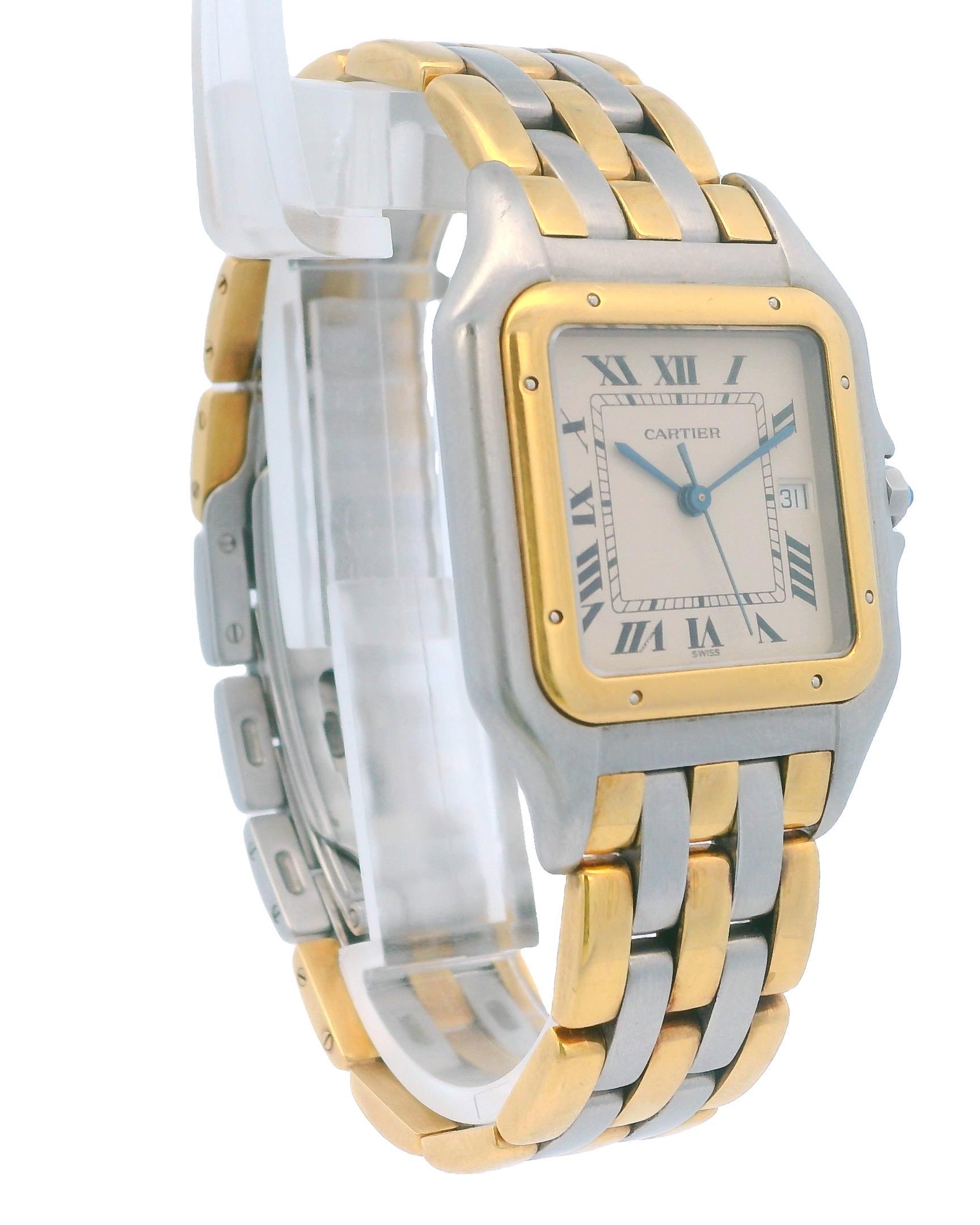 Cartier Panthère Large Men's Watch is a sophisticated timepiece that exudes elegance and luxury. It features a 29mm stainless steel case, complemented by an 18K yellow gold bezel that adds a touch of opulence. The watch boasts an ivory dial, adorned
