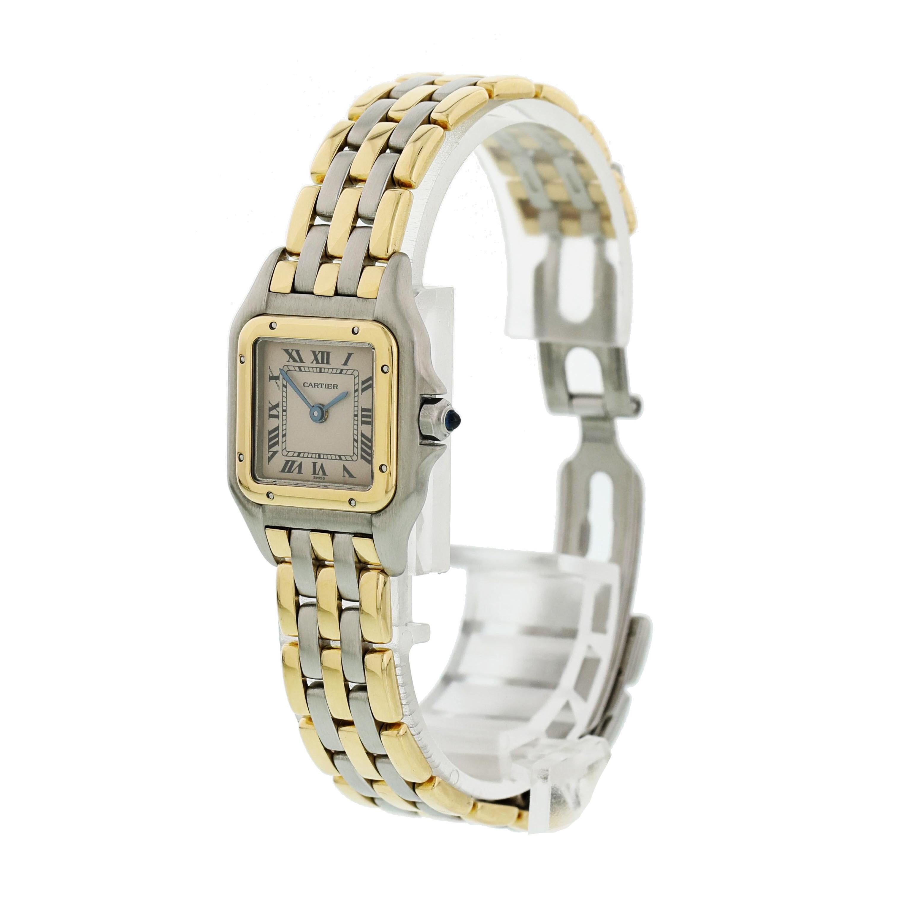 Cartier Panthere Ladies Watch. 
22mm Stainless Steel case. 
Yellow Gold Stationary bezel. 
Off-White dial with Blue steel hands and roman numeral hour markers. 
Minute markers on the outer dial. 
Two Tone Stainless Steel Three Row Bracelet with