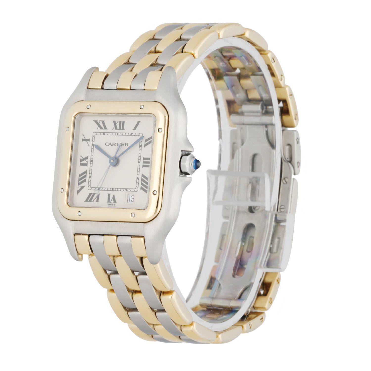 Cartier Panthere three row midsize watch. 27mm Stainless Steel case. 18K yellow gold smooth bezel. Off-White dial with blue steel hands and blackÂ Roman numeral hour markers. Minute markers on the inner dial. Date display at the 5 o'clock position.
