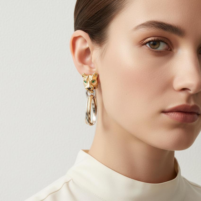 Orecchini Cartier Panthere Trinity Day & Night Door Knocker in oro 18 carati In condizioni ottime in vendita a Tampa, FL