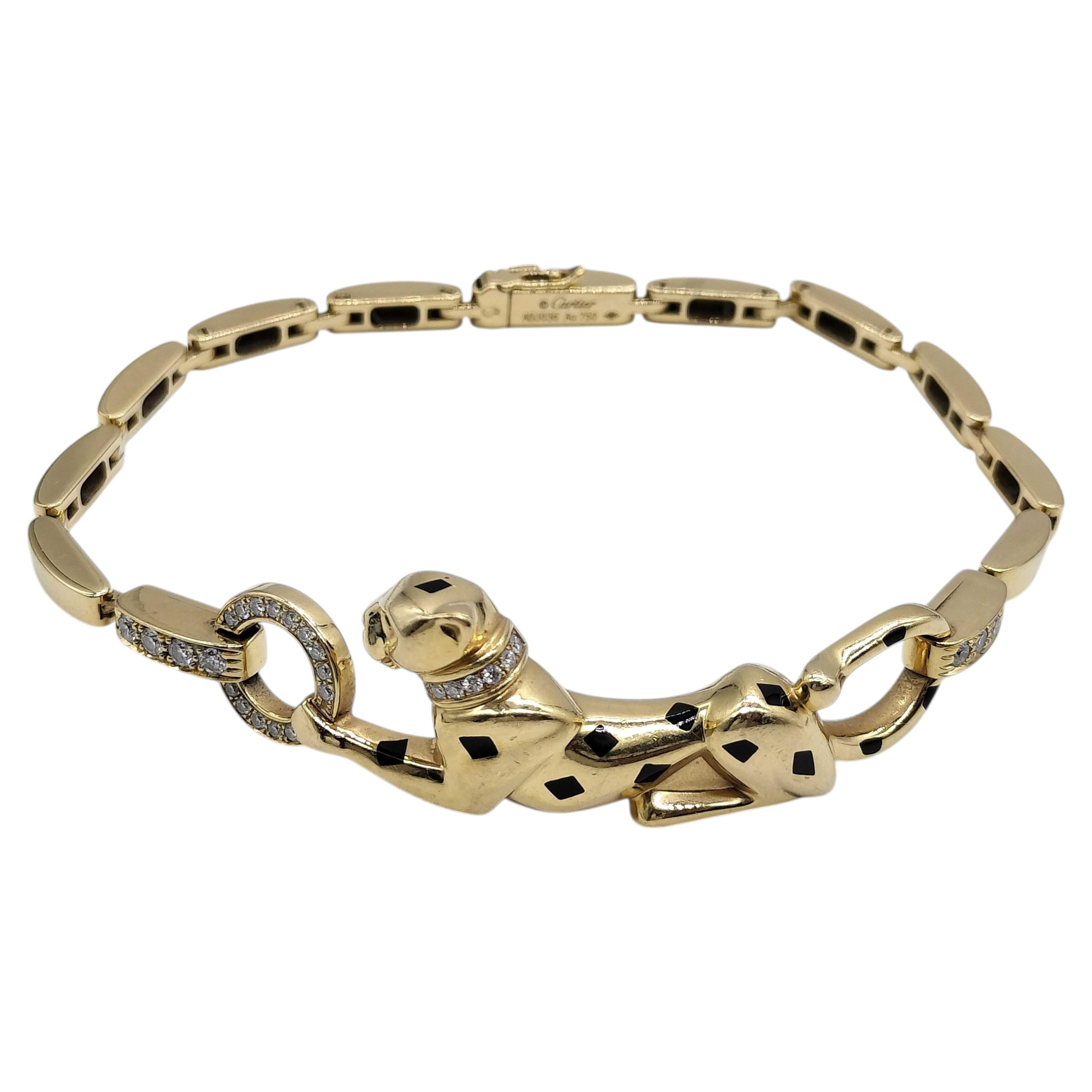 Cartier Panthere Tsavorite Black Lacquer 18K Yellow Gold Panther Chain Bracelet