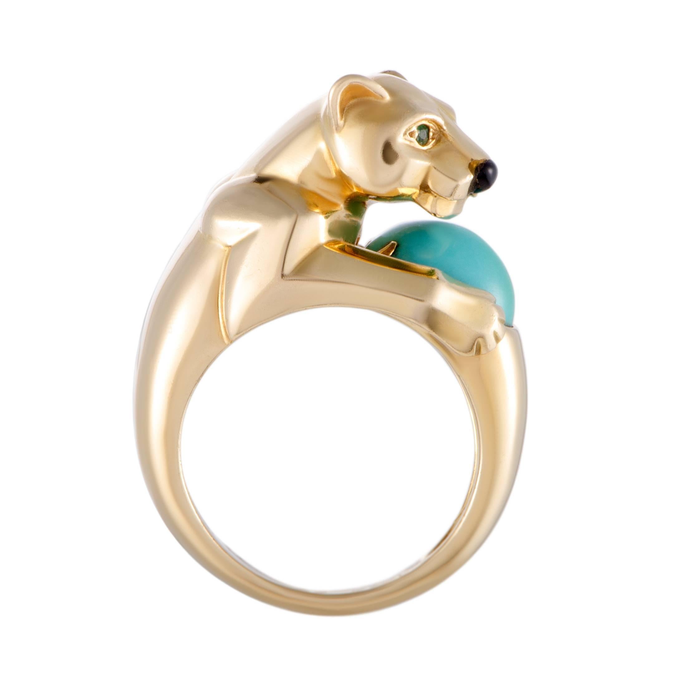 This vintage piece from Cartier boasts an irresistibly ingenious design and exceptional craftsmanship quality, offering an incredibly attractive appearance. The ring is made of luxurious 18K yellow gold and decorated with turquoise, onyx, and