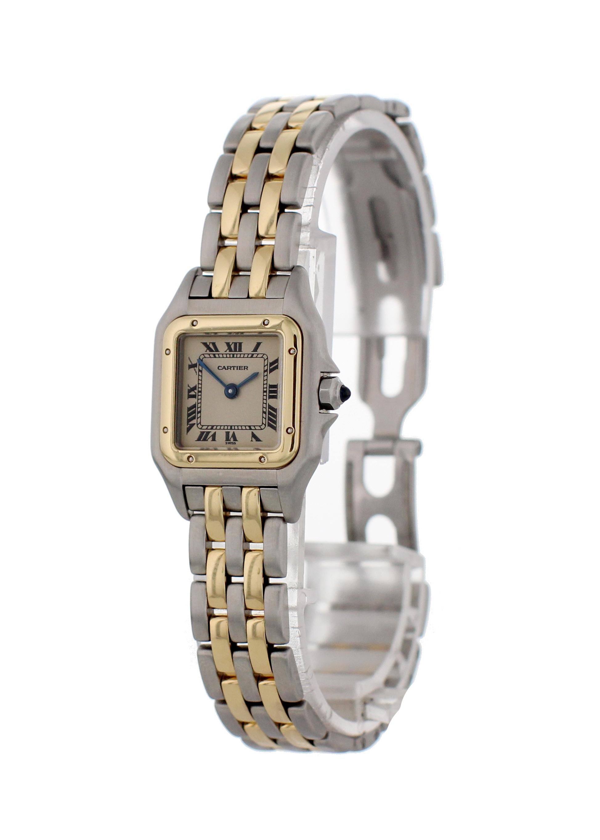 Cartier Panthere 1120 Ladies Watch. 
22mm Stainless Steel case. 
Yellow Gold smooth bezel. 
Off-White dial with Blue steel hands and roman numeral hour markers. 
Minute markers on the inner dial. 
Two Tone Stainless Steel Bracelet with Butterfly