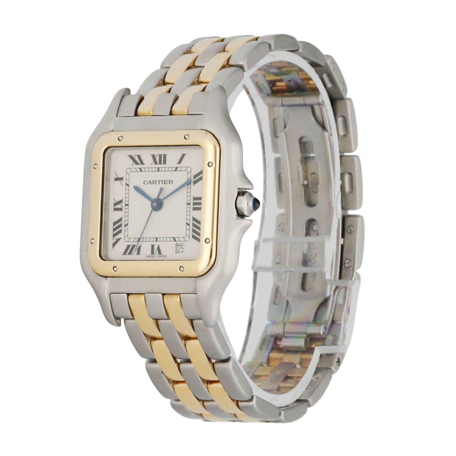 Cartier Panthere Midsize Ladies Watch. 27mm Stainless Steel case. 18K Yellow Gold Stationary bezel. Off-WhiteÂ dial with Blue steel hands and Roman numeral hour markers. Minute markers on the inner dial. Date display at the 5 o'clock position.