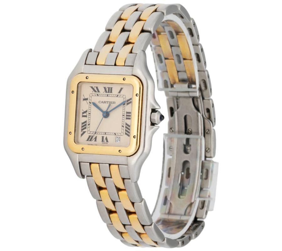 
Cartier Panthere Midsize Ladies Watch. 27mm Stainless Steel case. 18K Yellow Gold fixt bezel. Off-White dial with Blue steel hands and Roman numeral hour markers. Minute markers on the inner dial. Date display at the 5 o'clock position. Two-Tone