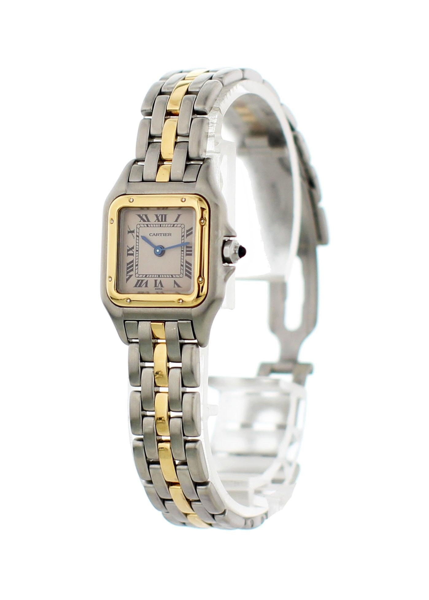 Cartier Panthere Two Tone 18K Yellow Gold & Stainless Steel 1120. 23 mm stainless steel case. 18K yellow gold bezel. Off-white dial with blue hands and black Roman numerals. 18K yellow gold and stainless steel band with stainless steel hidden