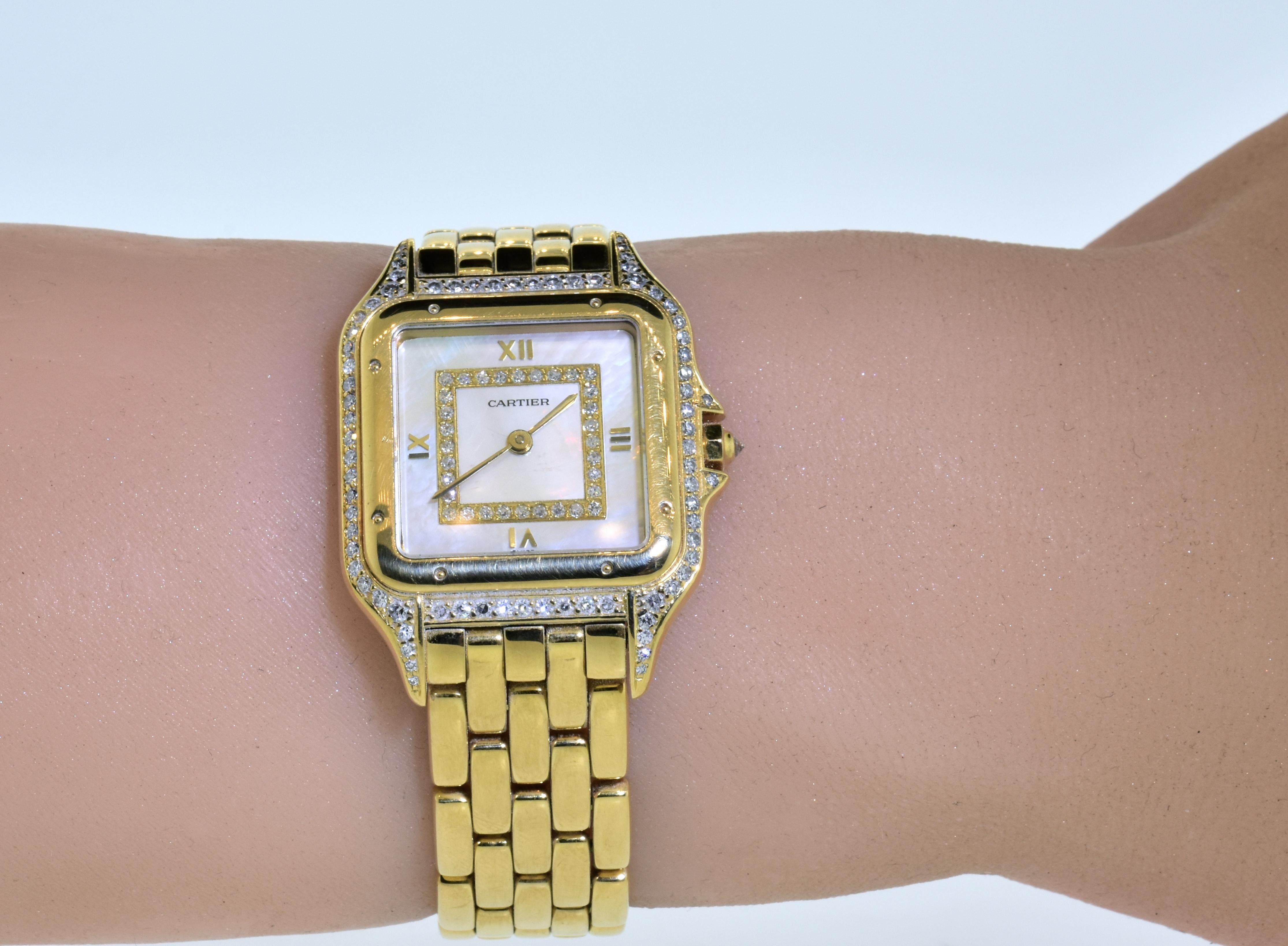 Cartier Panthere Unisex 18 Karat Diamond and Mother of Pearl Vintage Wristwatch 4
