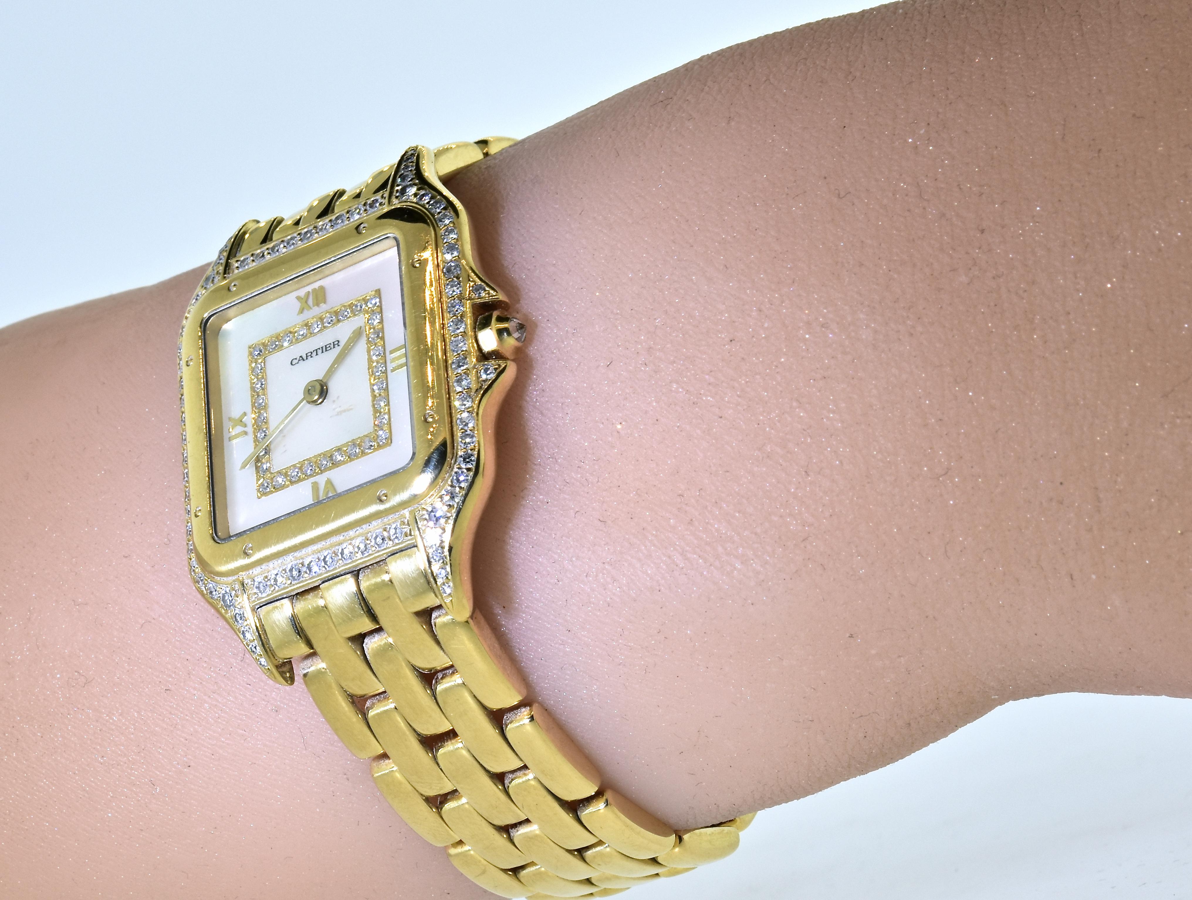 Cartier Panthere Unisex 18 Karat Diamond and Mother of Pearl Vintage Wristwatch 5