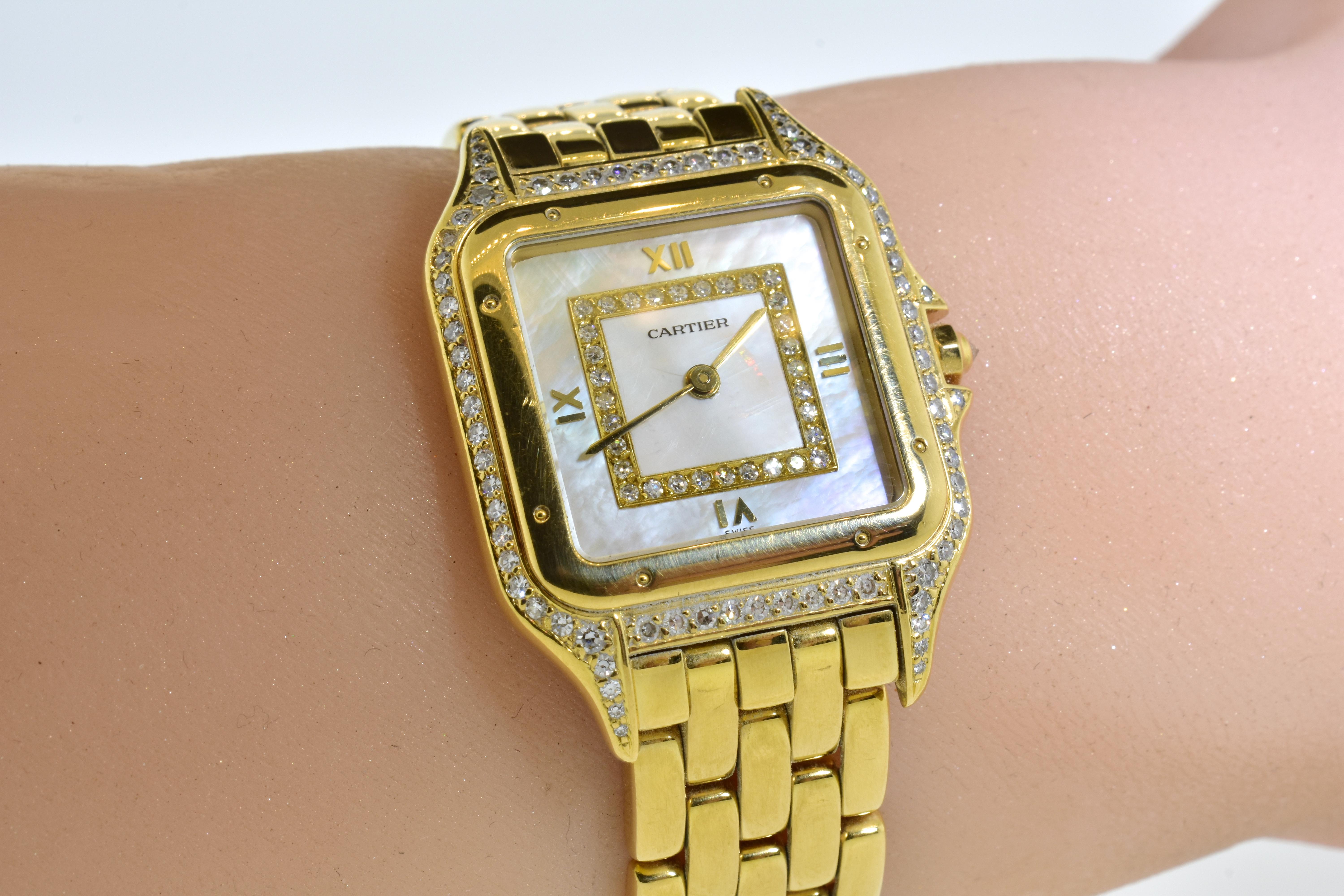 Cartier Panthere Unisex 18 Karat Diamond and Mother of Pearl Vintage Wristwatch 6