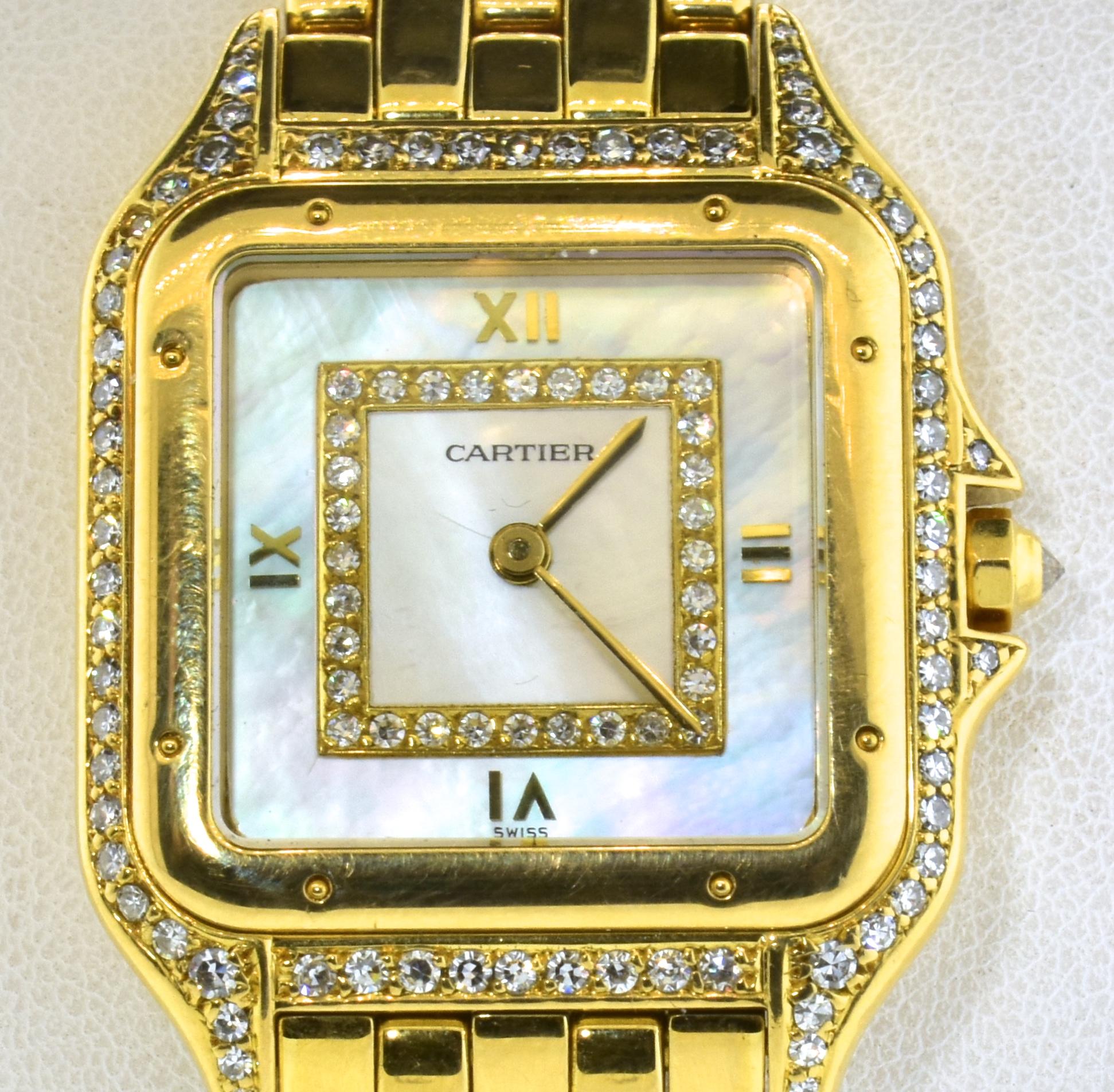 Cartier Panthere Unisex 18 Karat Diamond and Mother of Pearl Vintage Wristwatch In Excellent Condition In Aspen, CO