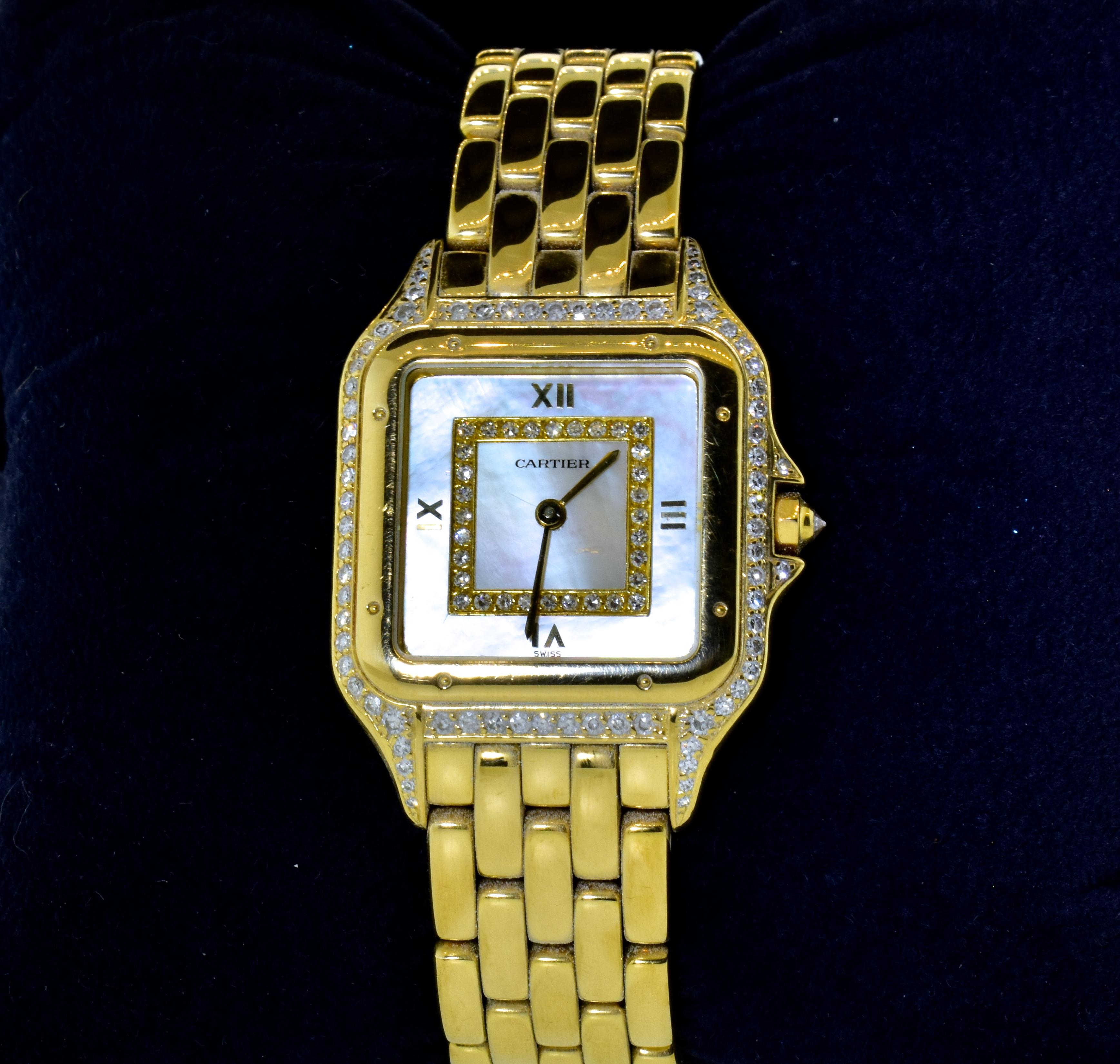 Cartier Panthere Unisex 18 Karat Diamond and Mother of Pearl Vintage Wristwatch 1