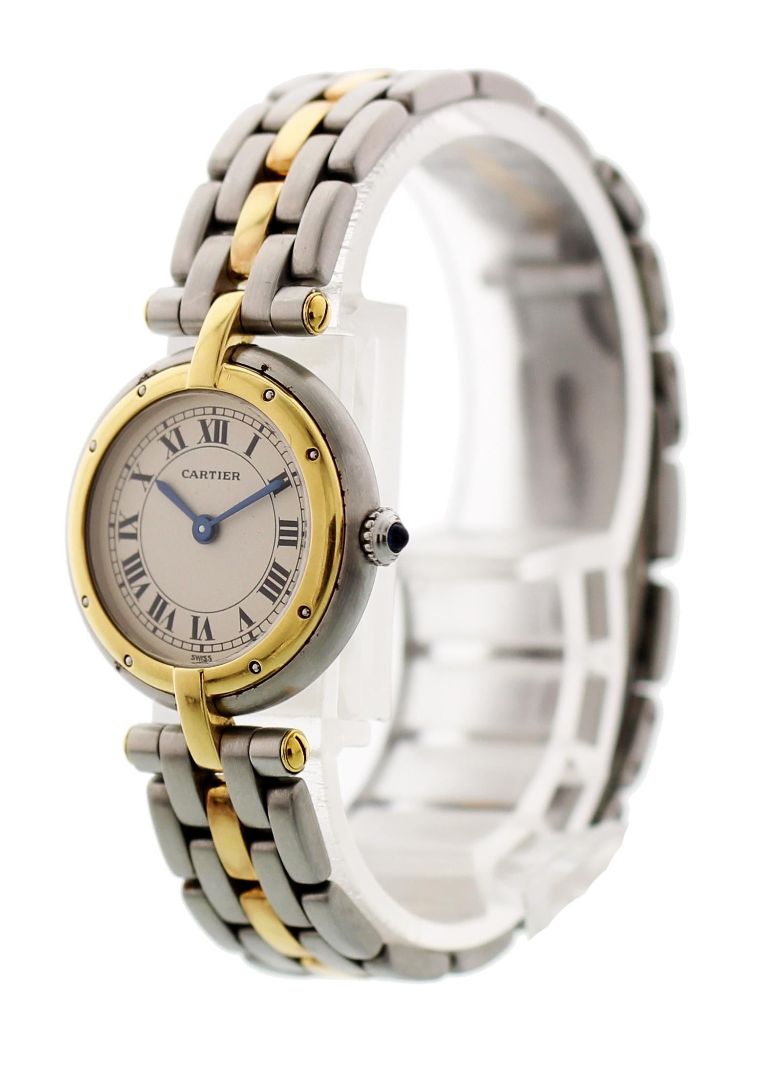 Cartier Panthere Vendome . 24 mm stainless steel case. 18K yellow gold bezel. Off-white dial with blue sapphire hands and Roman numeral markers. 18k yellow gold and stainless steel band with a stainless steel hidden butterfly clasp. Will comfortably