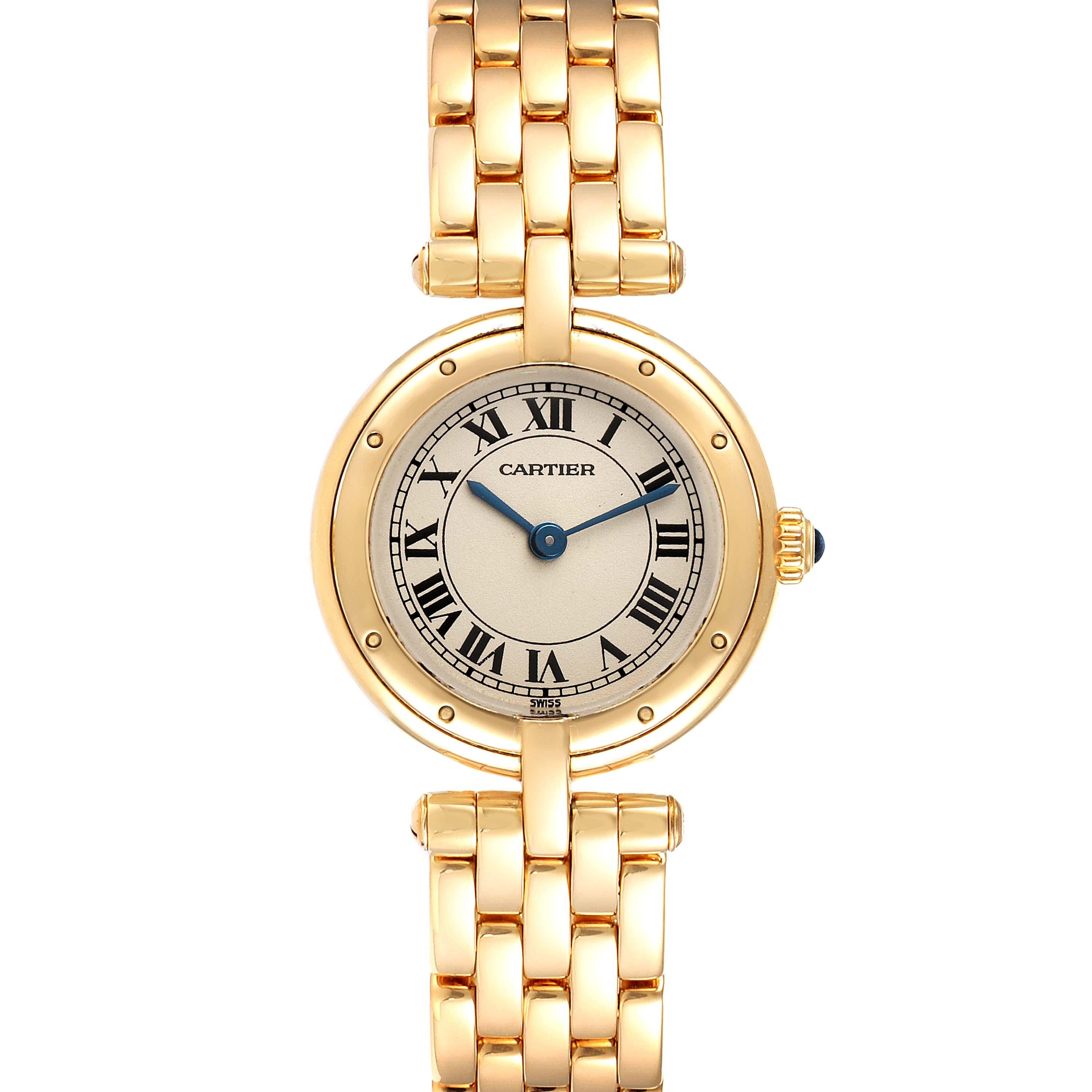 Cartier Panthere Vendome 18K Yellow Gold Ladies Watch 6692. Quartz movement. 18k yellow gold round case 23 mm in diameter. Vendome lugs. Octagonal crown set with the blue sapphire cabachon. 18k yellow gold polished bezel, secured with 8 pins.