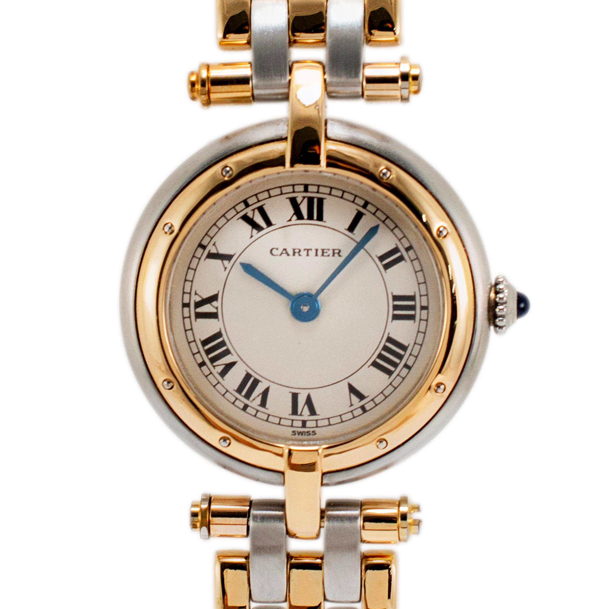 Marke: Cartier

Geschlecht: Damen

Metall Typ: 18K Gelbgold & Edelstahl

Durchmesser: 24,00 mm

Gewicht: 50,12 Gramm

Damenuhr aus 18 Karat Gelbgold und Edelstahl von Cartier aus der Schweiz. Die Metalle wurden getestet und als 18-karätiges Gelbgold