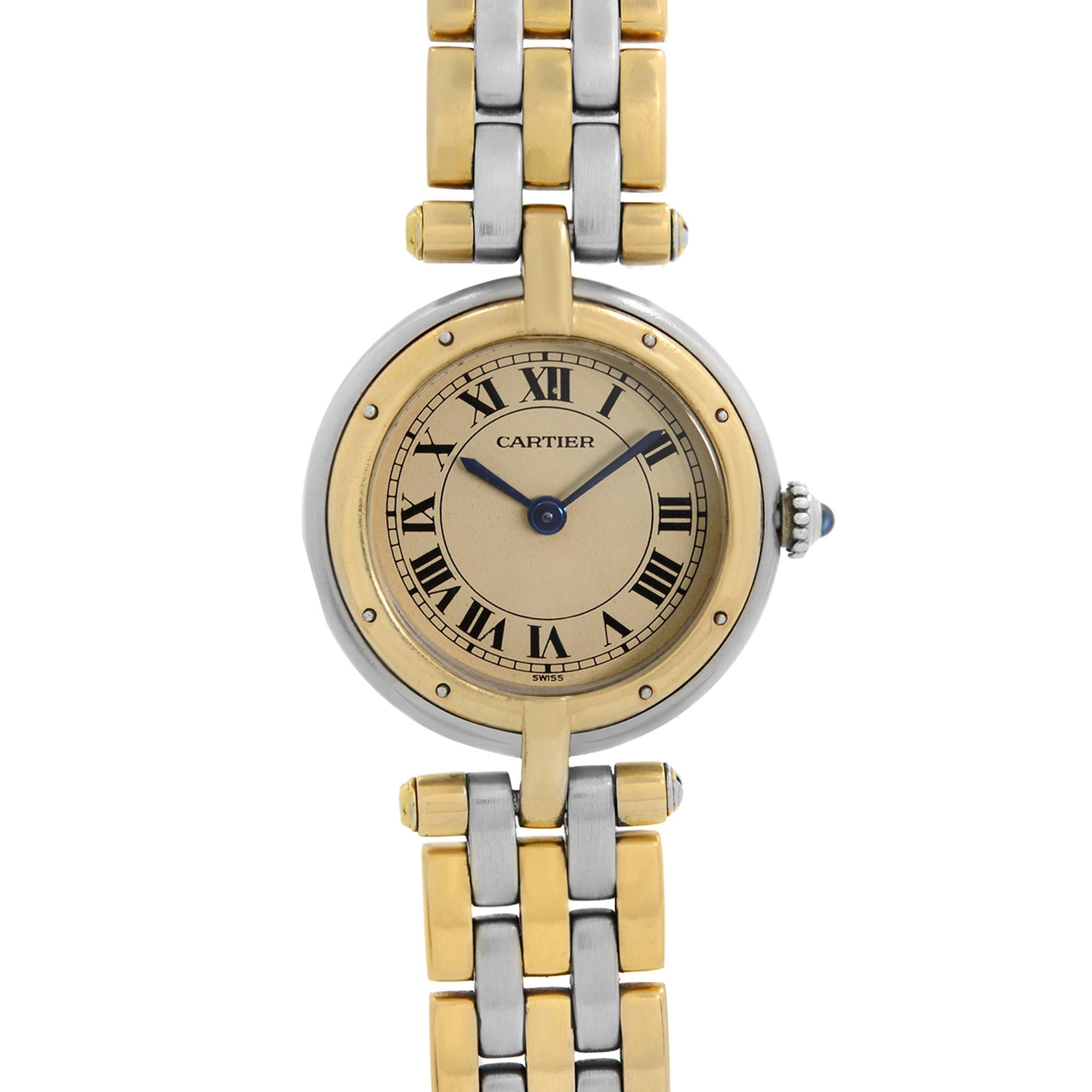 Pre-owned Cartier Panthere Vendome 24mm Three Row 18k Yellow Gold and Steel Champagne Dial Ladies Watch 1057920. Hands have minor patina. Dial have some minor patina signs Due to age. the band have Moderate slack. This Beautiful Time Powered by a
