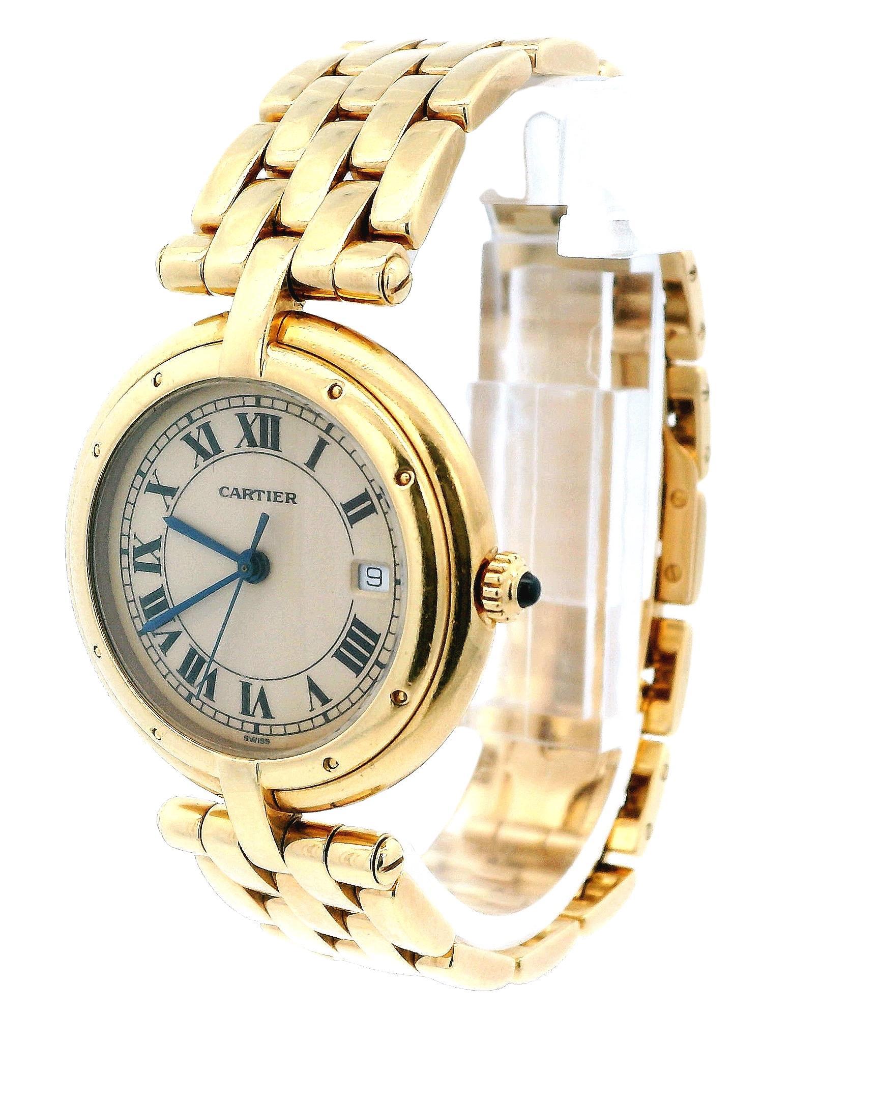 Cartier Panthere Vendome 8839647 large ladies watch. 29.6mm 18K yellow gold case. 18K yellow gold bezel. Ivory dial with blue steel hands and black Roman numeral hour markers. 18k yellow gold bracelet with 18K yellow gold hidden butterfly clasp.