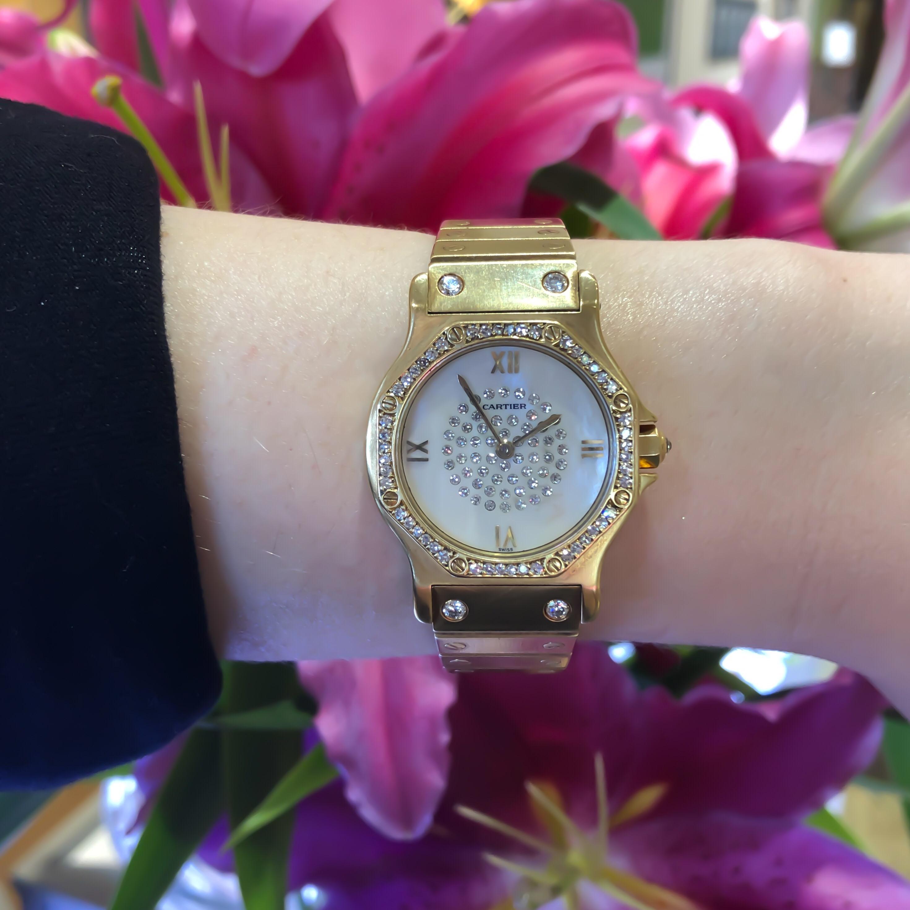 Cartier Santos Octagon Automatic Diamond and Mother of Pearl on Bracelet 1.50ctw In Good Condition In Carmel-by-the-Sea, CA