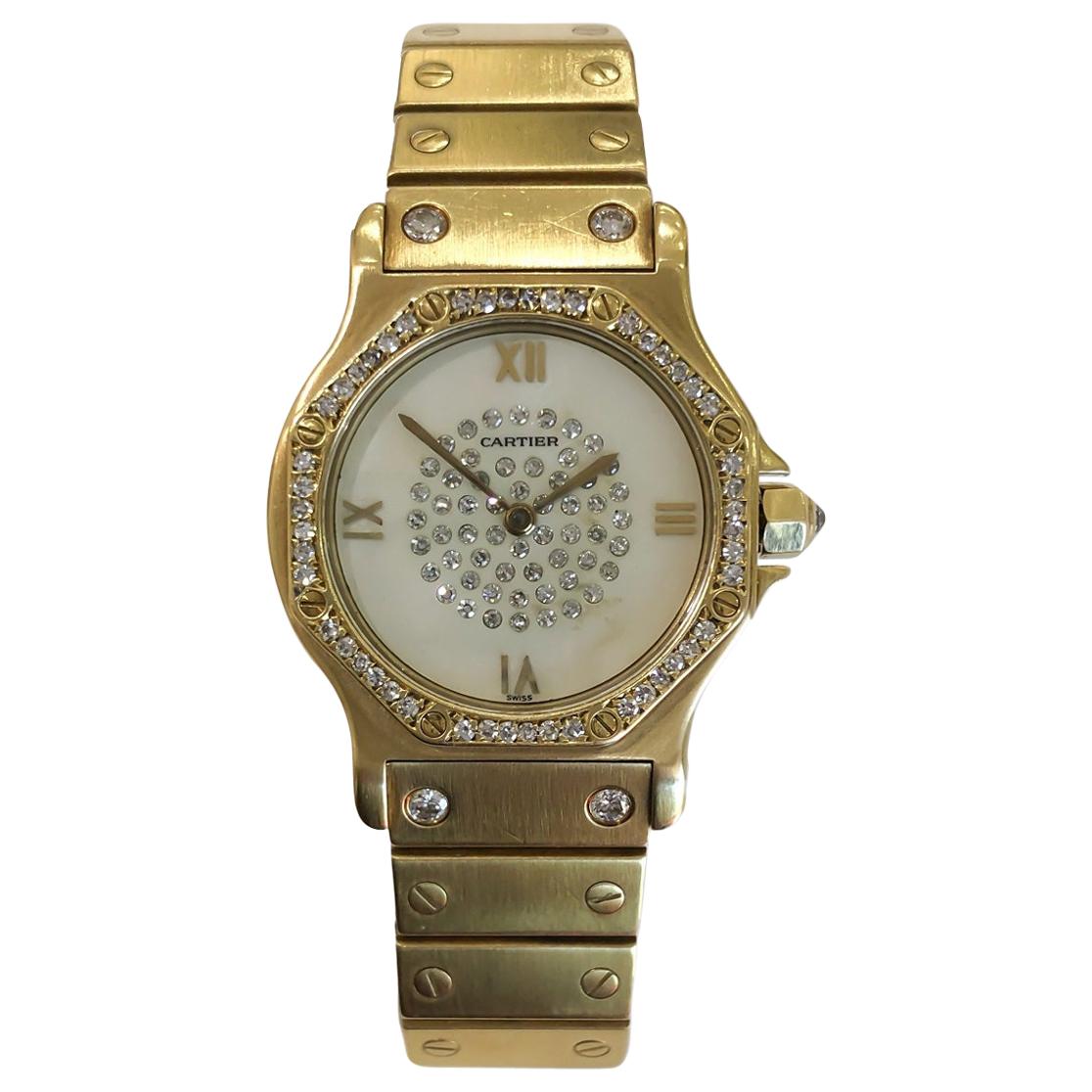 Cartier Santos Octagon Automatic Diamond and Mother of Pearl on Bracelet 1.50ctw