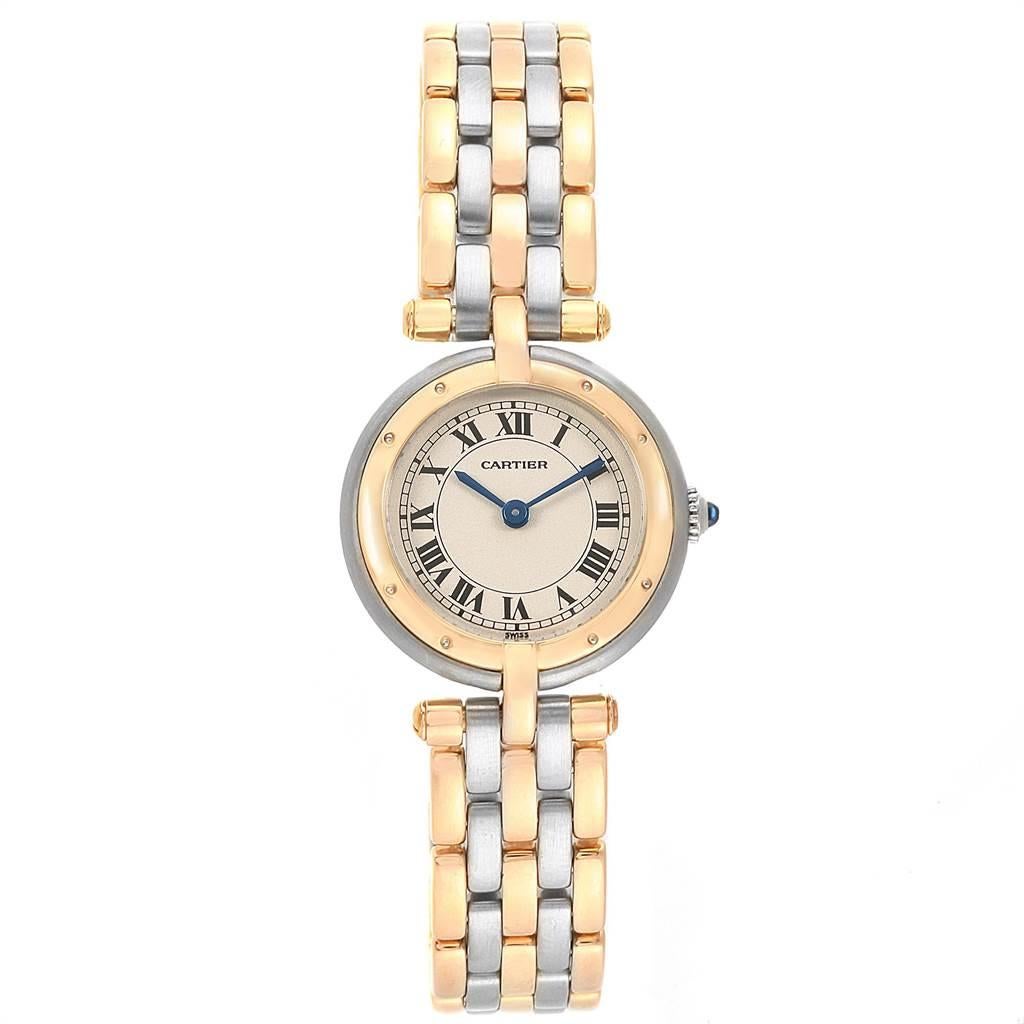 Cartier Panthere Vendome Small 3-Row Steel Yellow Gold Ladies Watch. Quartz movement. Stainless steel and 18k yellow gold round case 23.0 mm in diameter. Vendome lugs. Octagonal crown set with the blue spinel cabachon. 18k yellow gold polished fixed