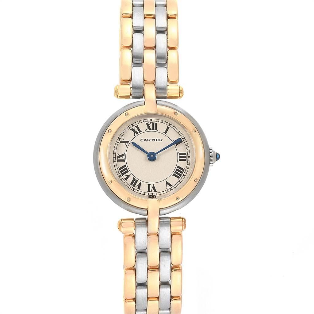 Cartier Panthere Vendome Three Row Steel Yellow Gold Ladies Watch 166920. Quartz movement. Stainless steel and 18k yellow gold round case 23.0 mm in diameter. Vendome lugs. Octagonal crown set with the blue spinel cabachon. 18k yellow gold polished