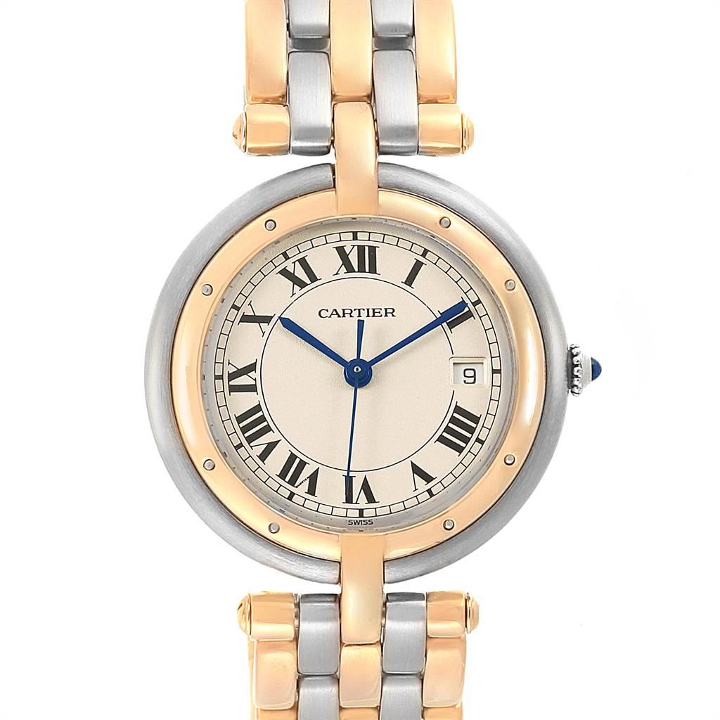 Cartier Panthere Vendome Three Row Steel Yellow Gold Ladies Watch 183984. Quartz movement. Stainless steel and 18k yellow gold round case 29.7 mm in diameter. Vendome lugs. Octagonal crown set with the blue spinel cabachon. 18k yellow gold polished