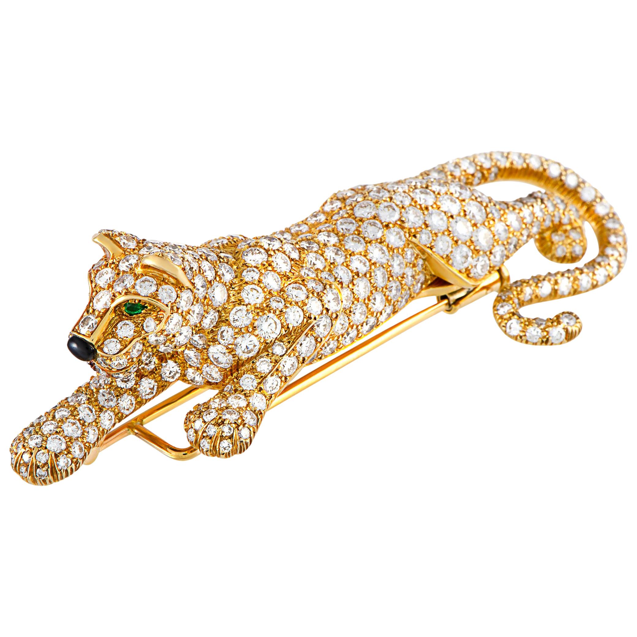 Cartier Panthère Vintage 18 Karat Gold, 8.00 Carat Diamond Onyx & Emerald Brooch