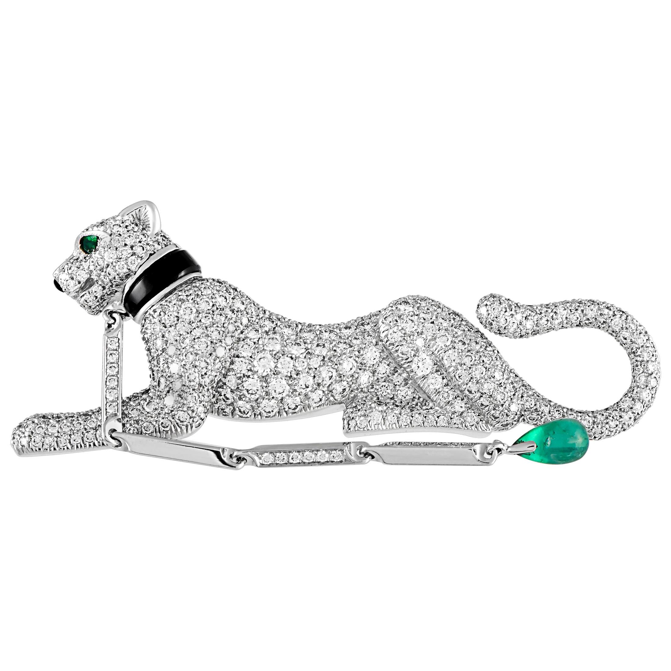 Cartier Panthère Vintage 18 Karat White Gold Diamond, Onyx and Emerald Brooch