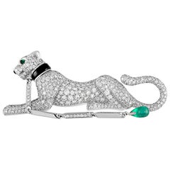 Cartier Panthère Vintage 18 Karat White Gold Diamond, Onyx and Emerald Brooch