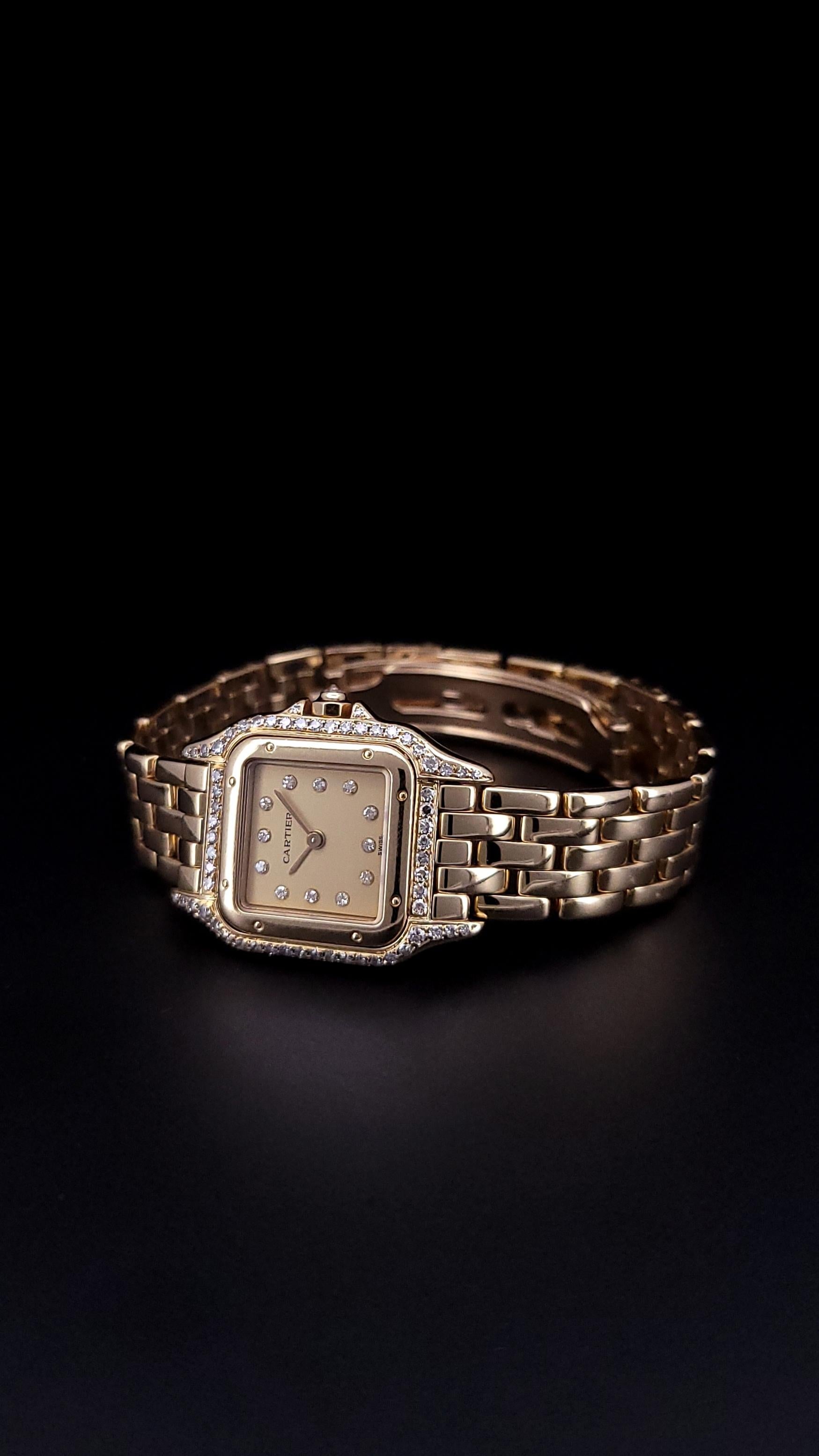 CARTIER VINTAGE PANTHERE 18K GOLD WATCH
*Excellent condition watch, includes Cartier box/no papers.

-Period: Circa 1990
-Model: Panthère de Cartier
-Case Material: 18k Yellow Gold and Diamonds
-Case Thickness: 5.5mm
-Wrist Size: 6 1/4