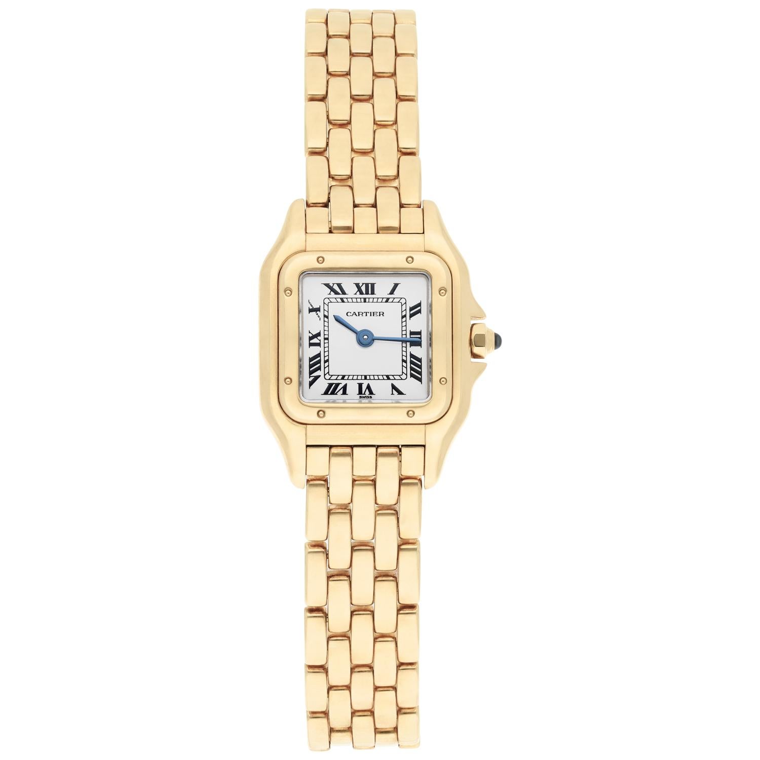 This Cartier Ladies Panthere wristwatch is a luxurious and elegant timepiece. Crafted in 18k yellow gold, it features an off-white dial with Roman numeral indices and a fixed yellow bezel. The watch has a quartz movement. It has been professionally